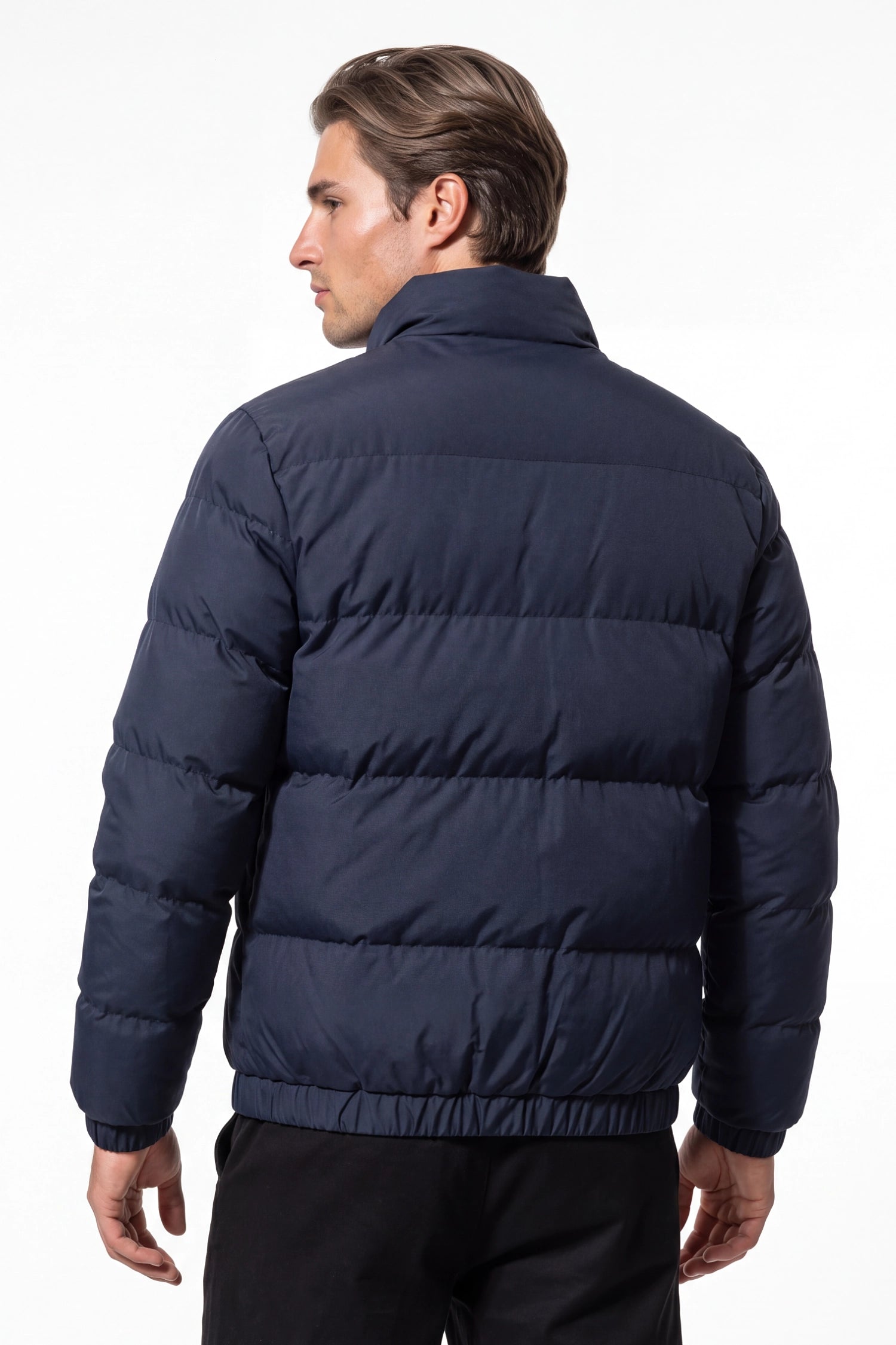 Men’s Winter Warm Navy Blue Puffer Jacket with Stand Collar