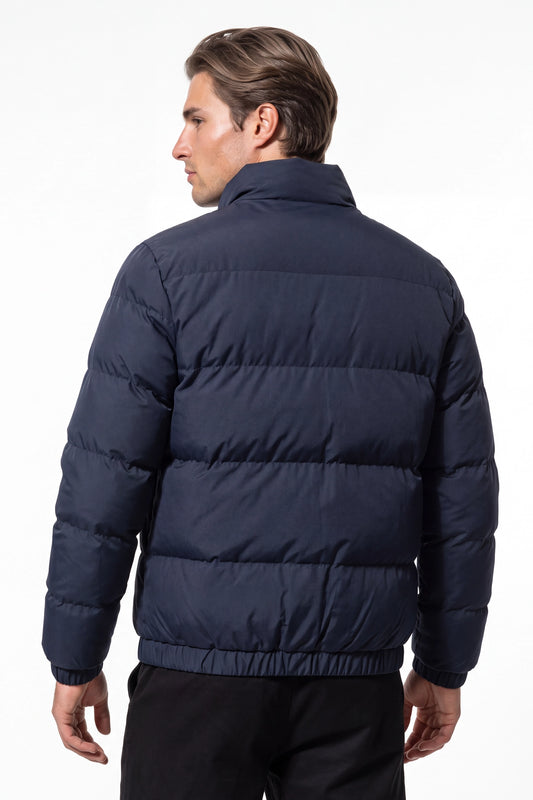 Men’s Winter Warm Navy Blue Puffer Jacket with Stand Collar