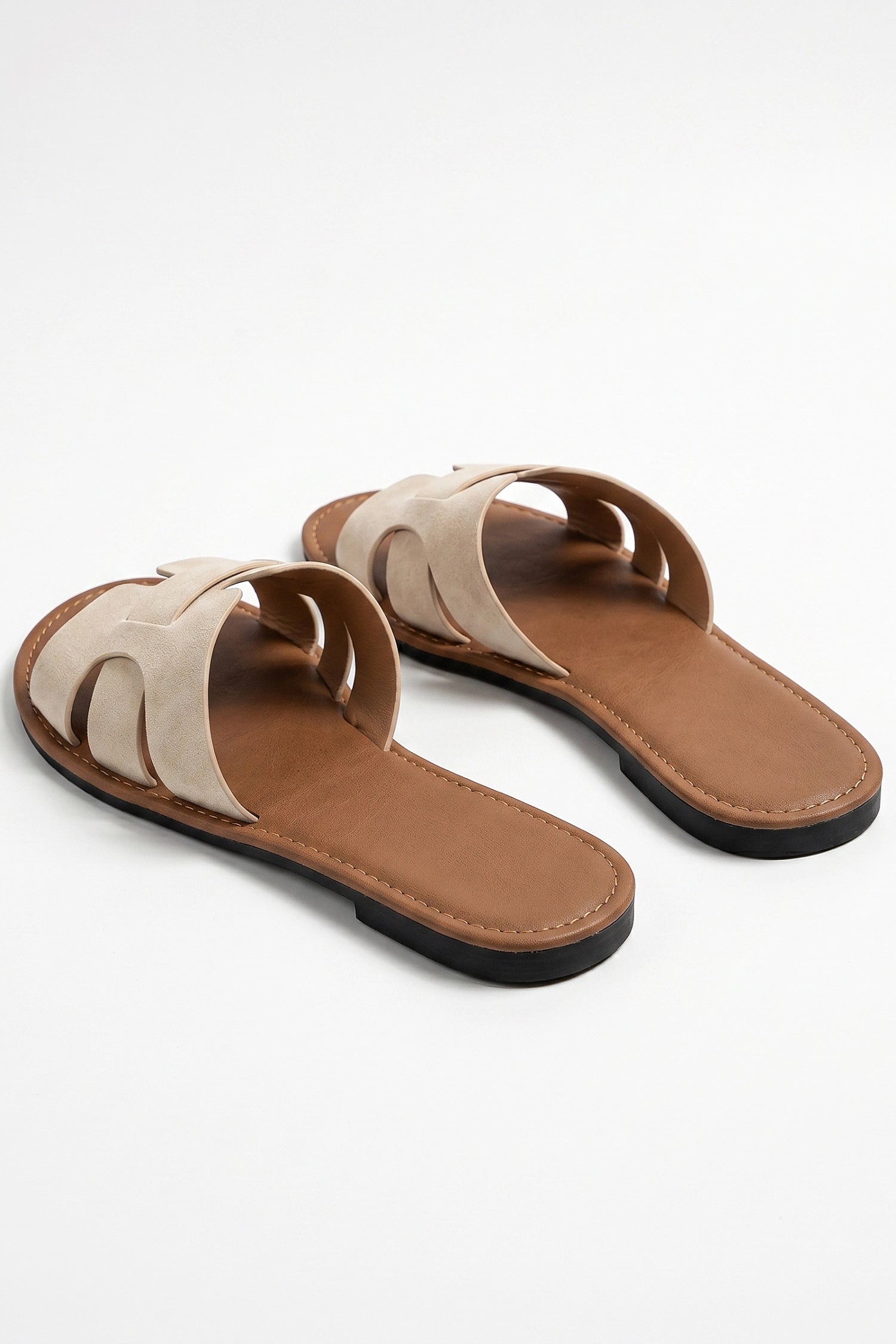Women's H Strap Flat Sandals Taupe Slip On Summer Sandals
