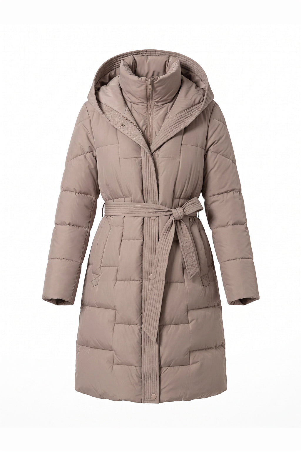 Women's Winter Warm Longline Puffer Coat with Hood and Waist Belt