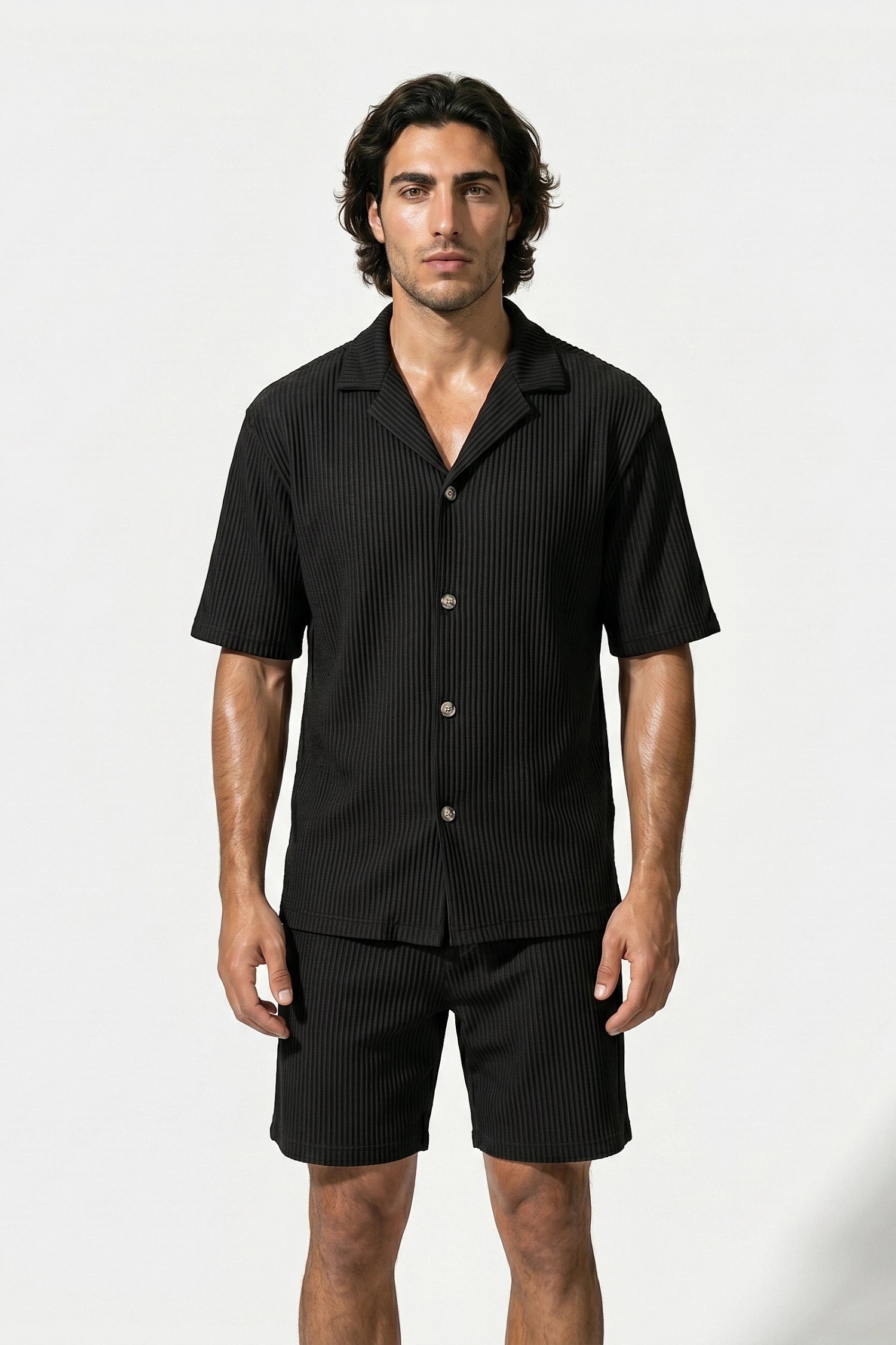 Men's Ribbed Knit Resort Shirt and Shorts set with Camp Collar