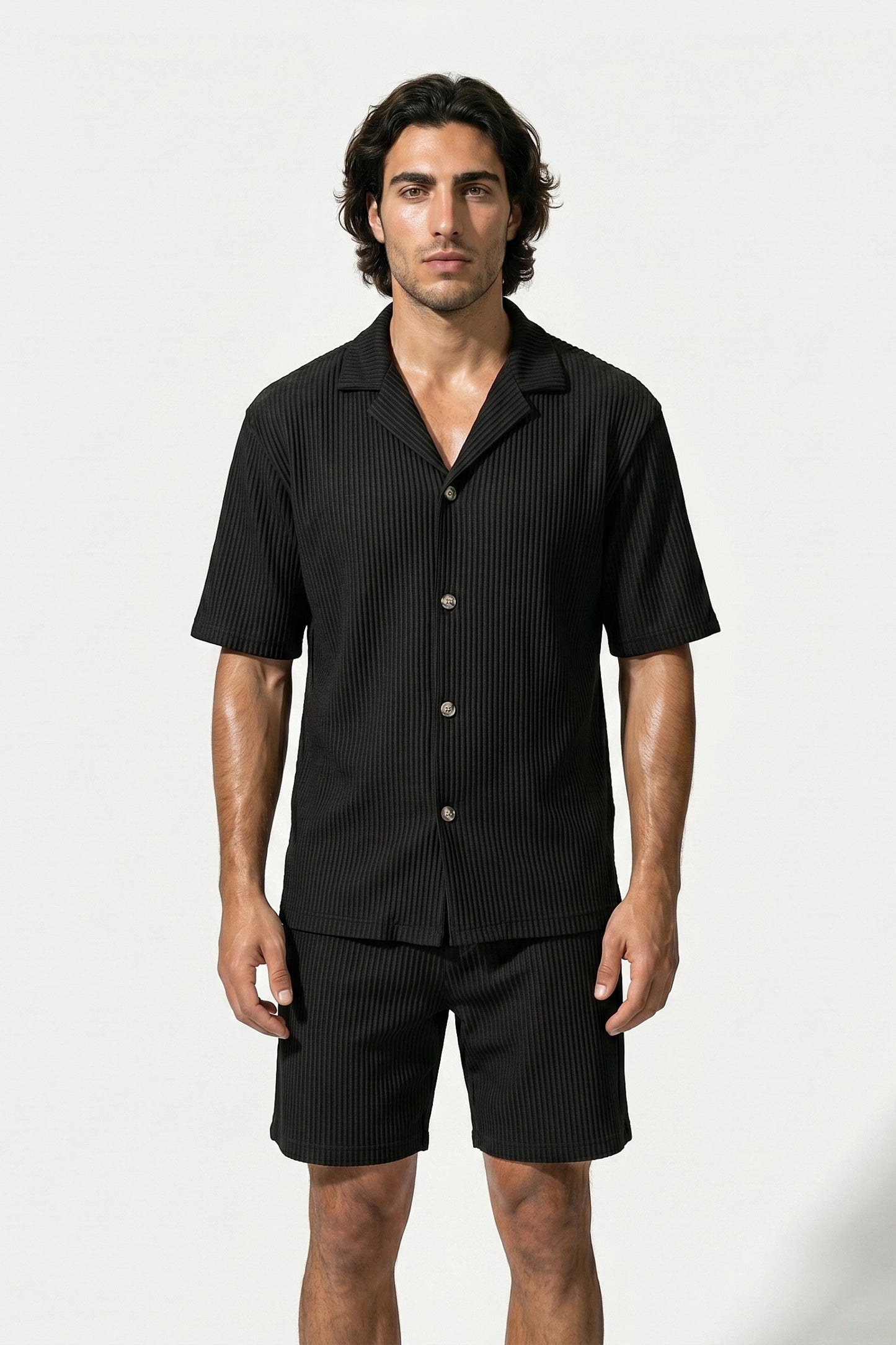 Men's Ribbed Knit Resort Shirt and Shorts set with Camp Collar