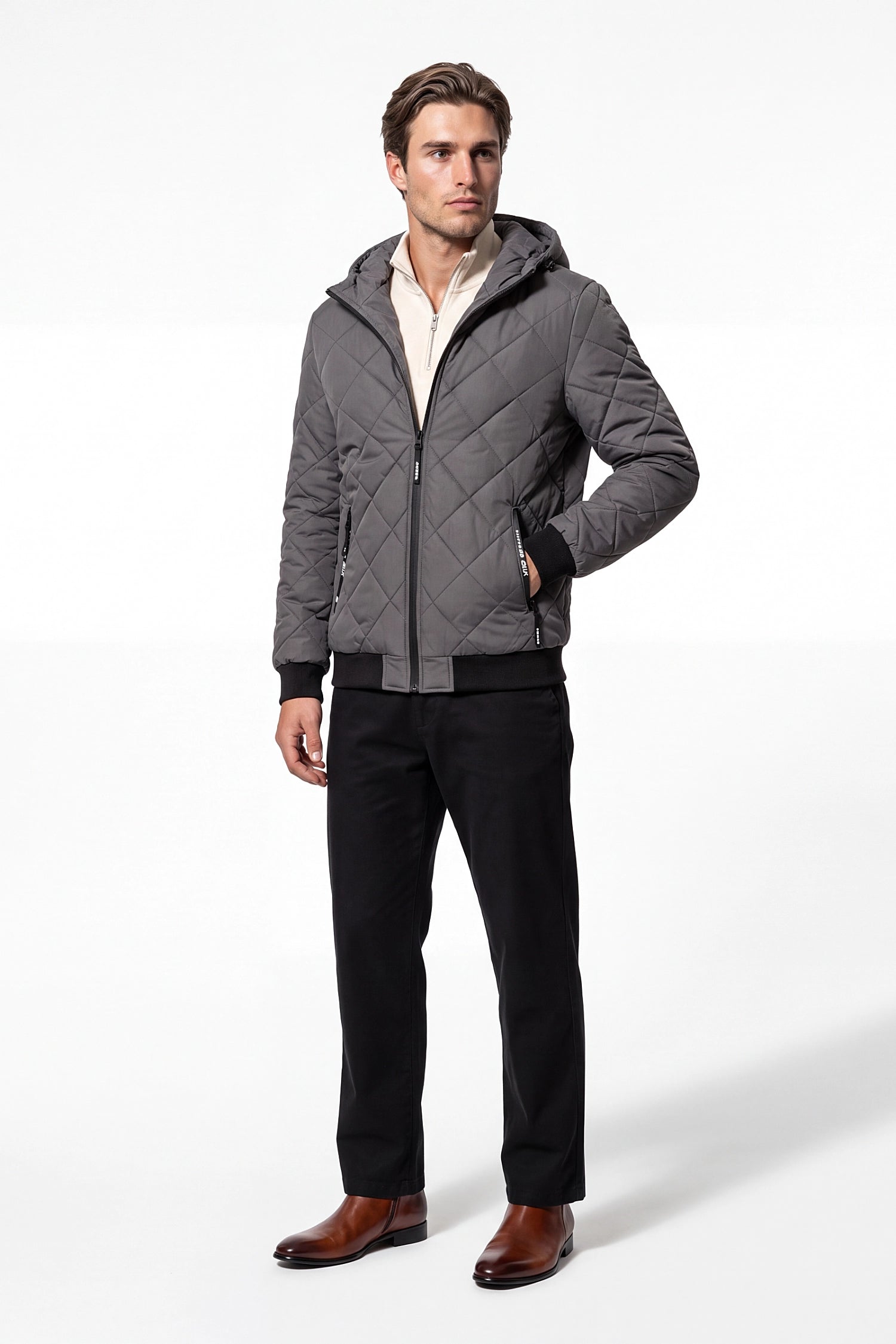 Men’s Winter Warm Grey Quilted Jacket with Hood and Full Zip