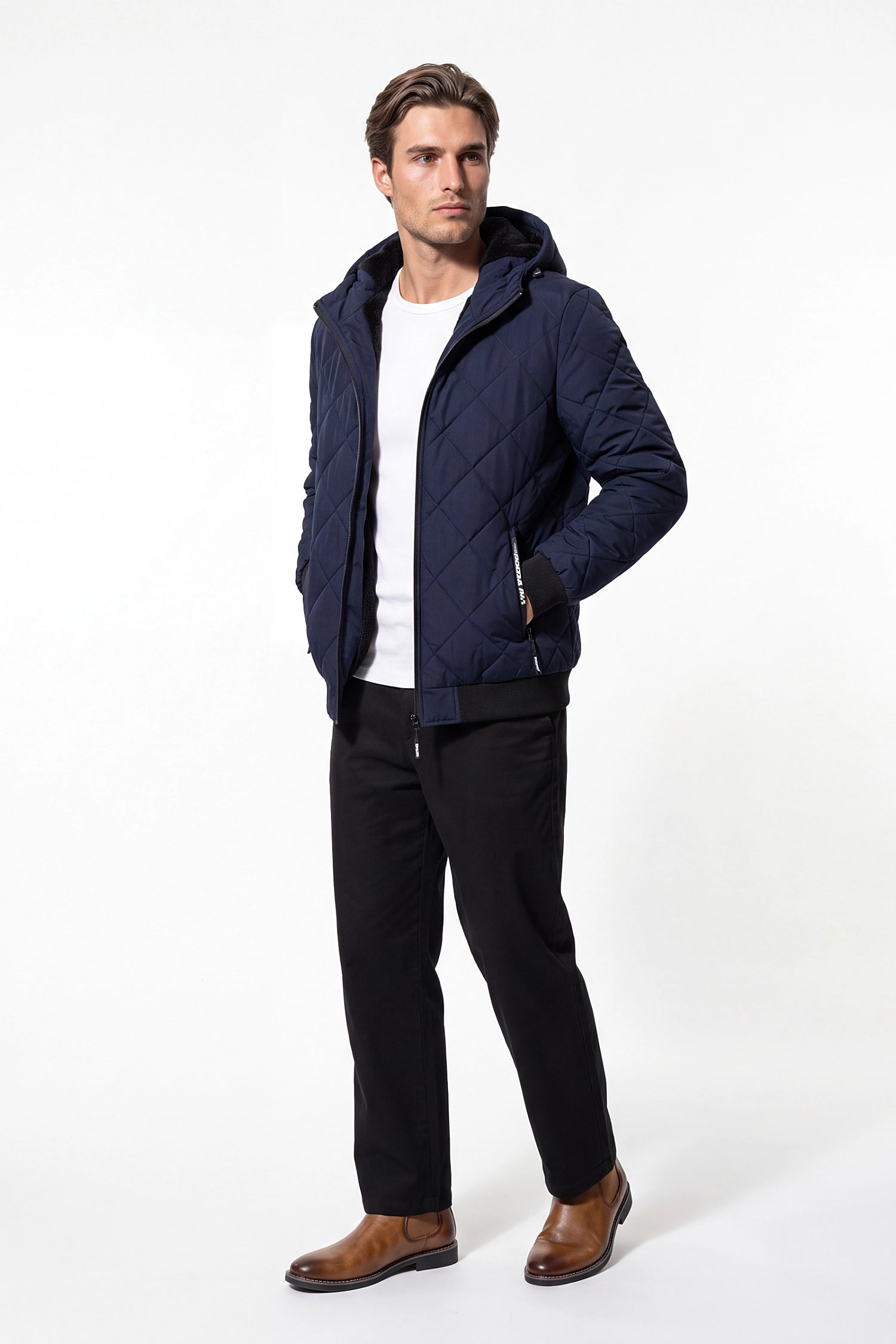 Men’s Winter Warm Blue Quilted Jacket with Hood and Full Zip