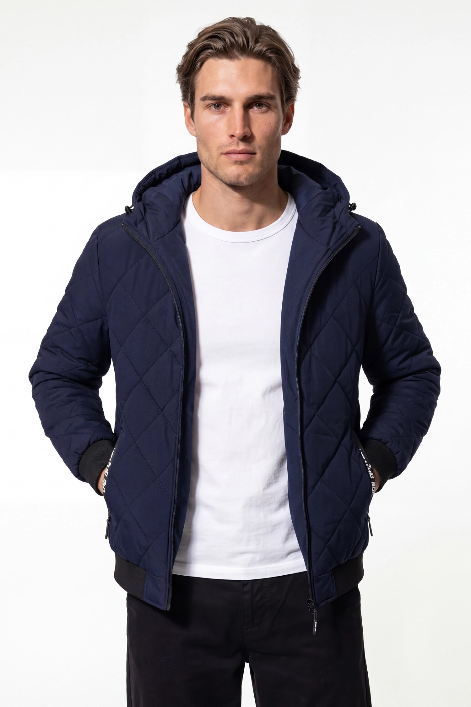 Men’s Winter Warm Blue Quilted Jacket with Hood and Full Zip
