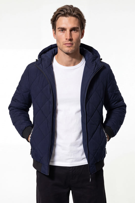 Men’s Winter Warm Blue Quilted Jacket with Hood and Full Zip