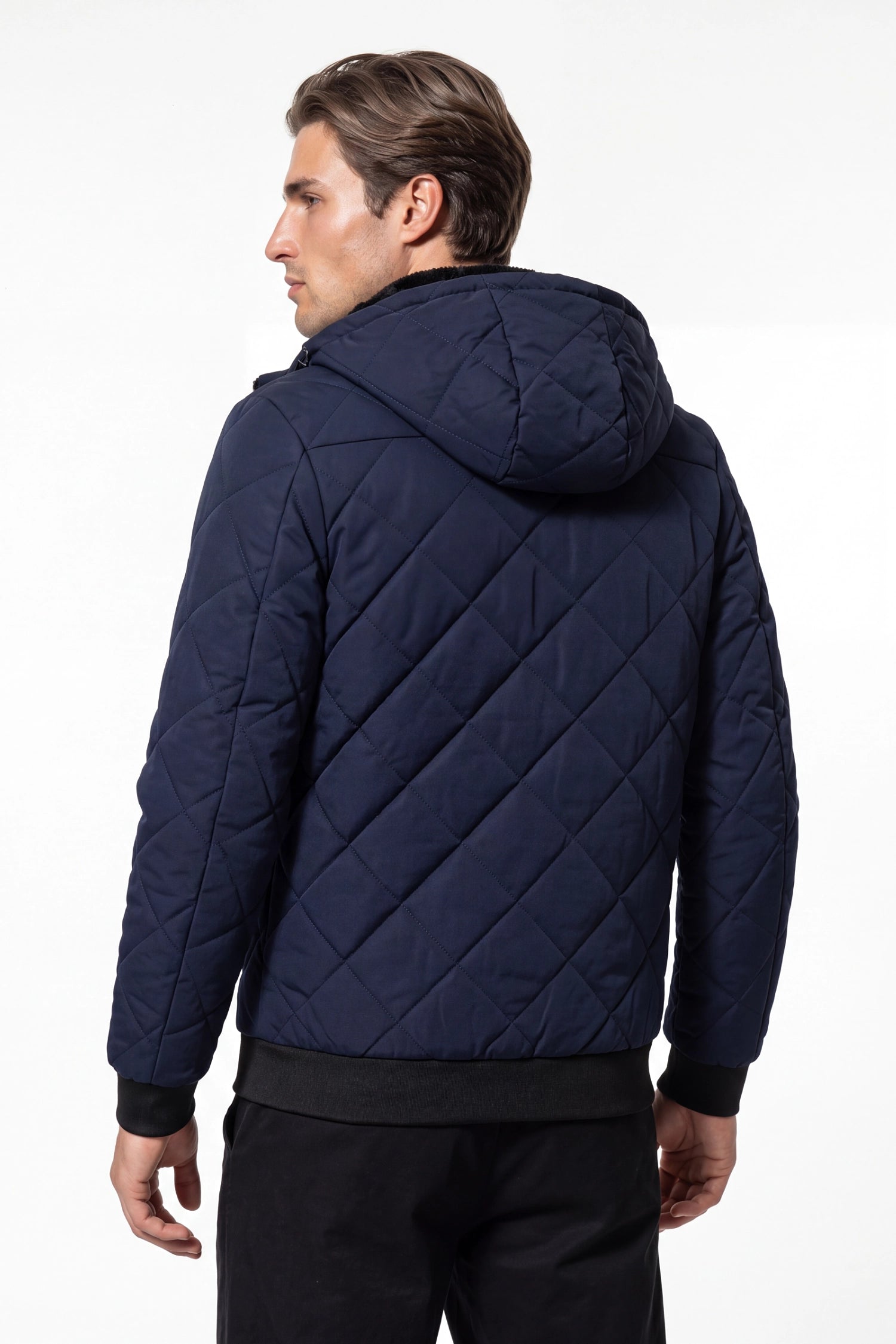 Men’s Winter Warm Blue Quilted Jacket with Hood and Full Zip