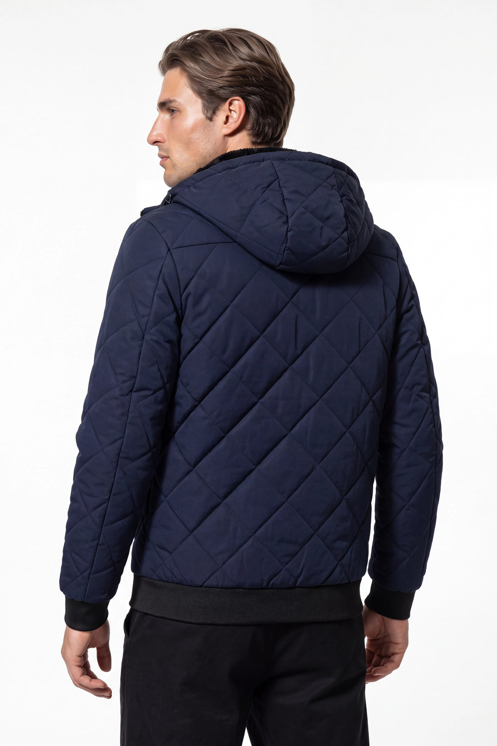 Men’s Winter Warm Blue Quilted Jacket with Hood and Full Zip