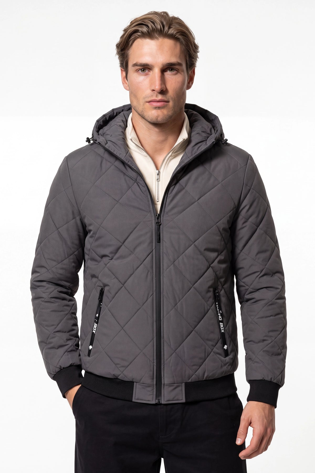 Men’s Winter Warm Grey Quilted Jacket with Hood and Full Zip