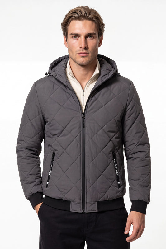 Men’s Winter Warm Grey Quilted Jacket with Hood and Full Zip