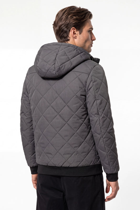 Men’s Winter Warm Grey Quilted Jacket with Hood and Full Zip