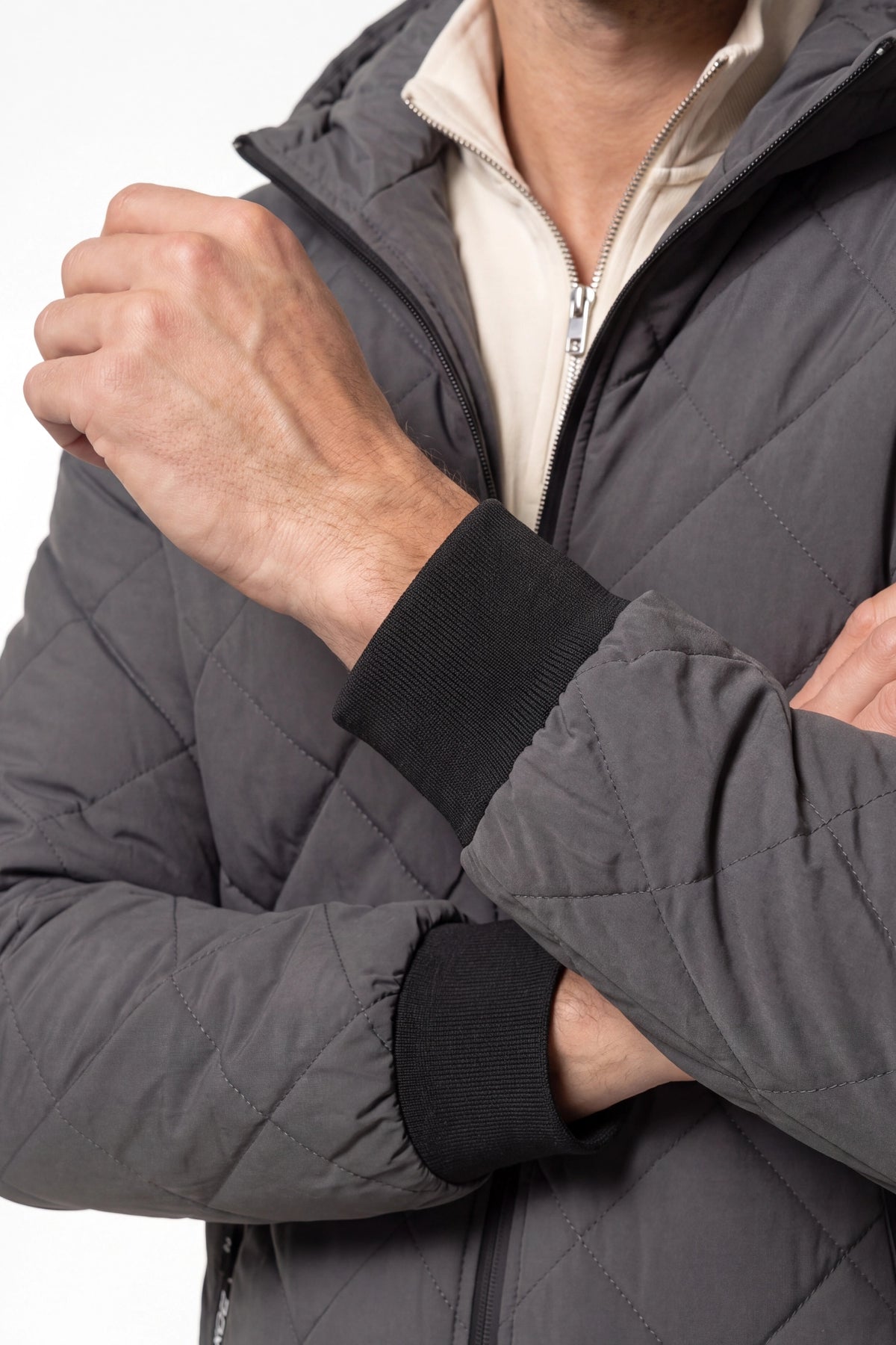 Men’s Winter Warm Grey Quilted Jacket with Hood and Full Zip