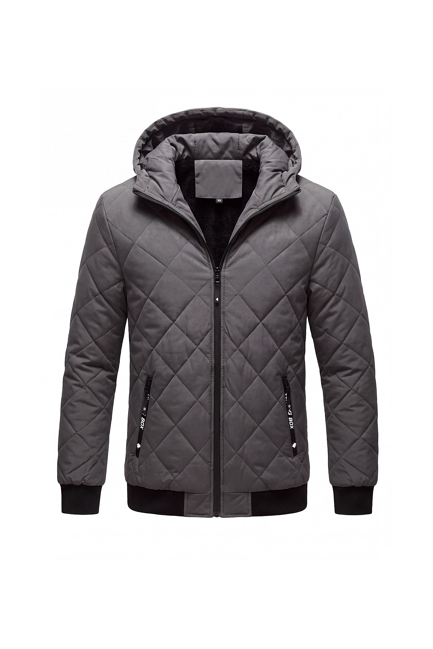 Men’s Winter Warm Grey Quilted Jacket with Hood and Full Zip