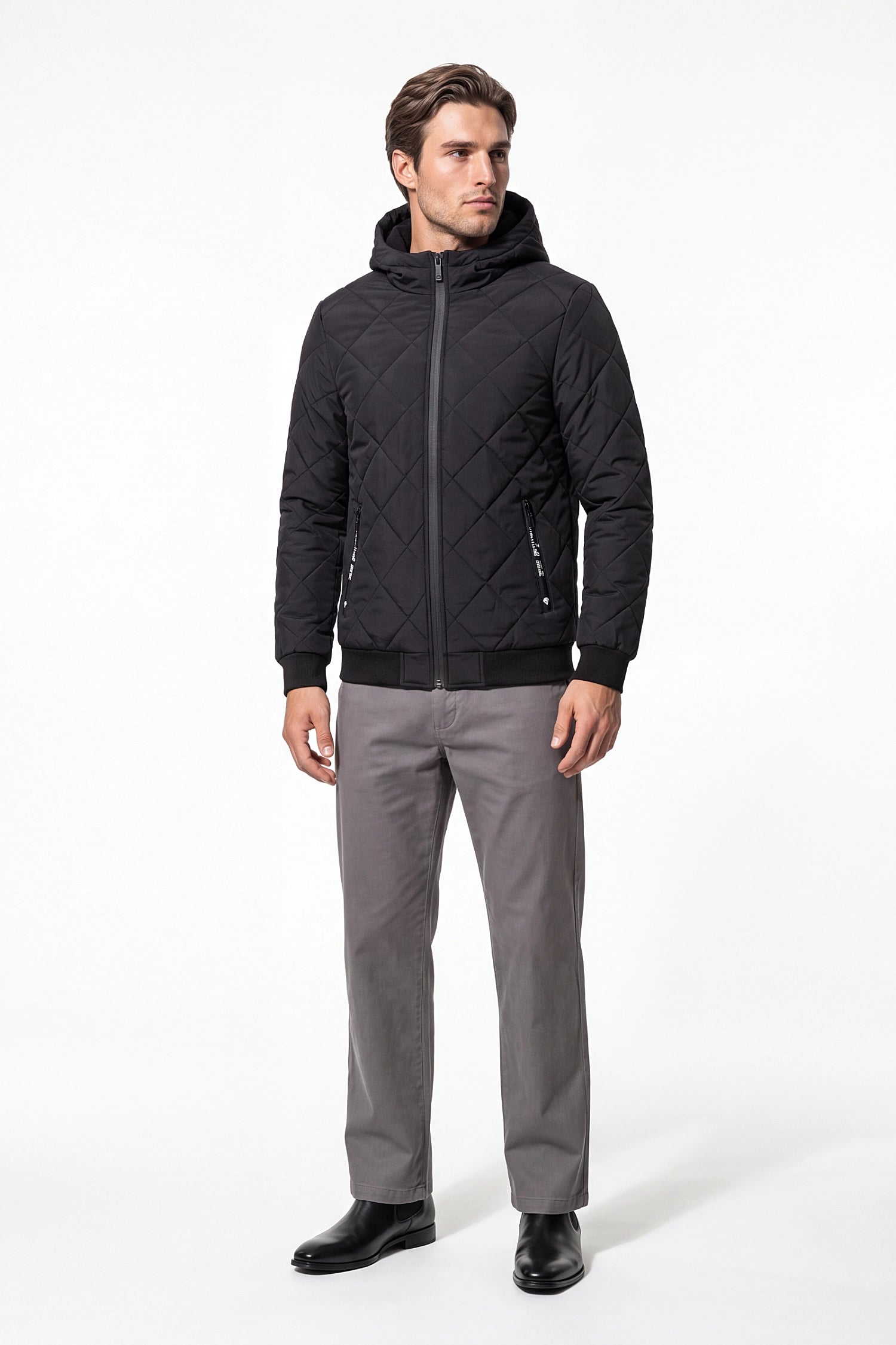 Men’s Winter Warm Black Quilted Jacket with Hood and Full Zip