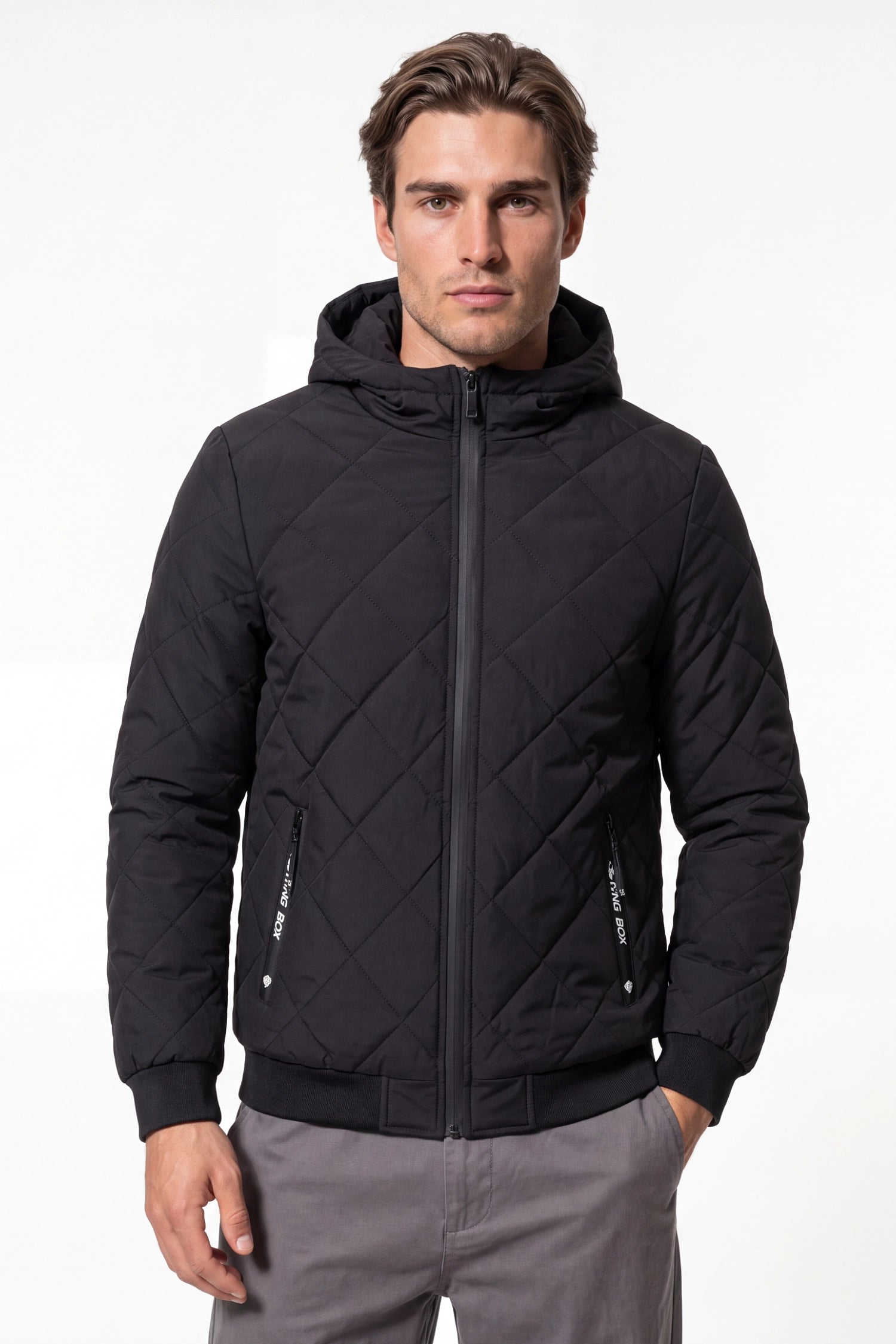 Men’s Winter Warm Black Quilted Jacket with Hood and Full Zip