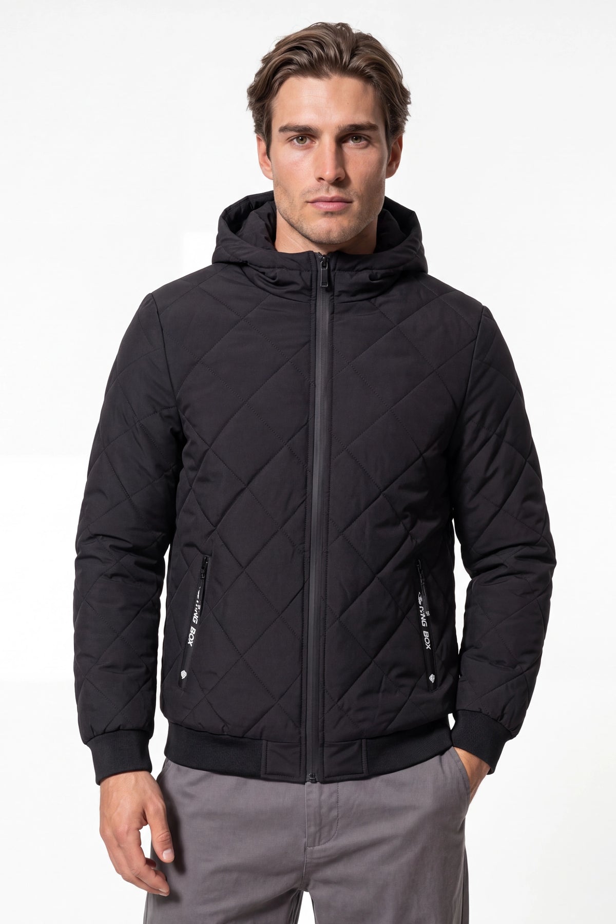 Men’s Winter Warm Black Quilted Jacket with Hood and Full Zip
