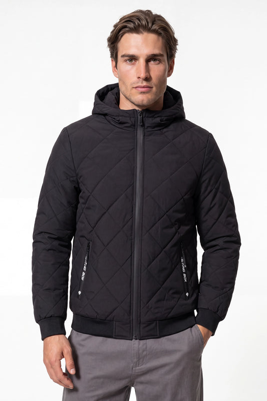 Men’s Winter Warm Black Quilted Jacket with Hood and Full Zip