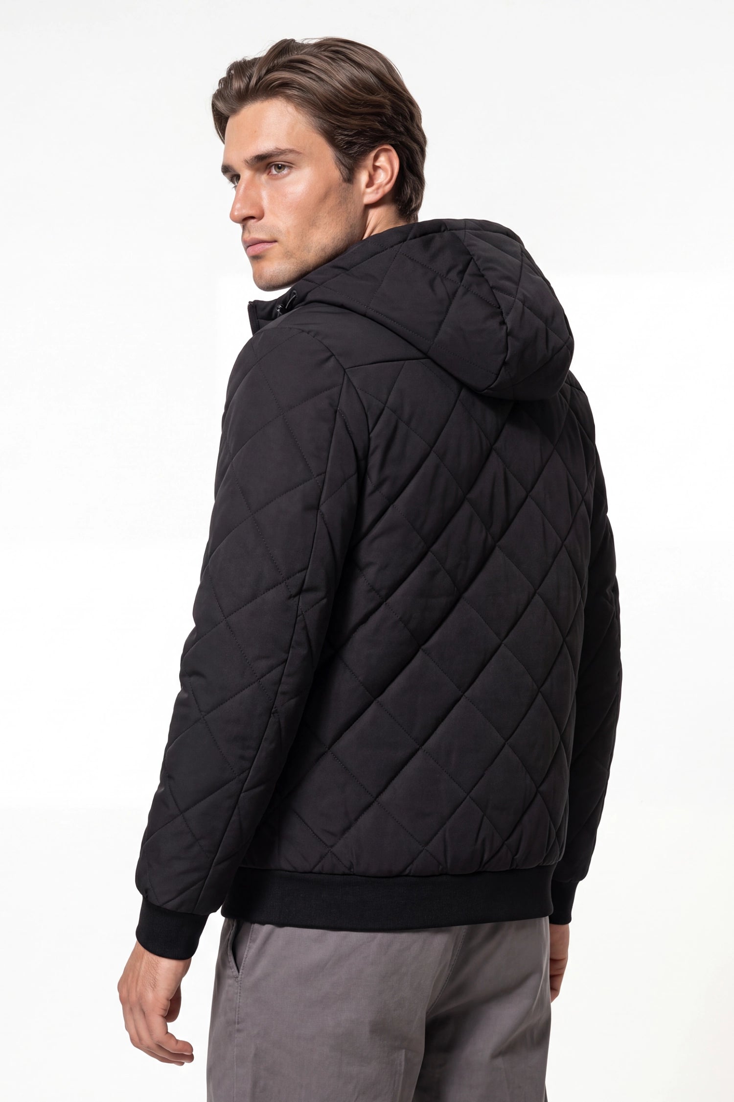 Men’s Winter Warm Black Quilted Jacket with Hood and Full Zip