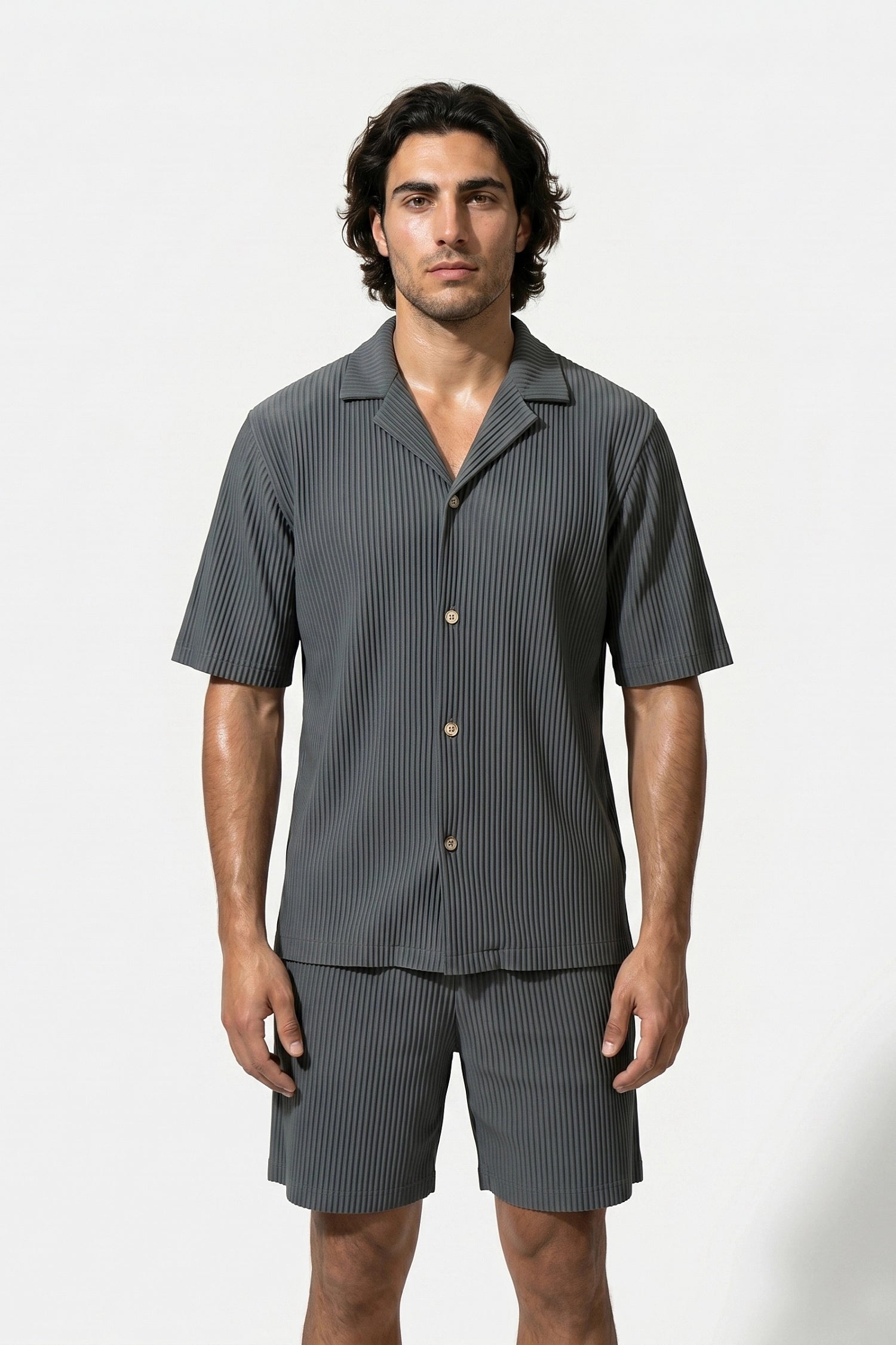Men's Ribbed Knit Resort Shirt and Shorts set with Camp Collar