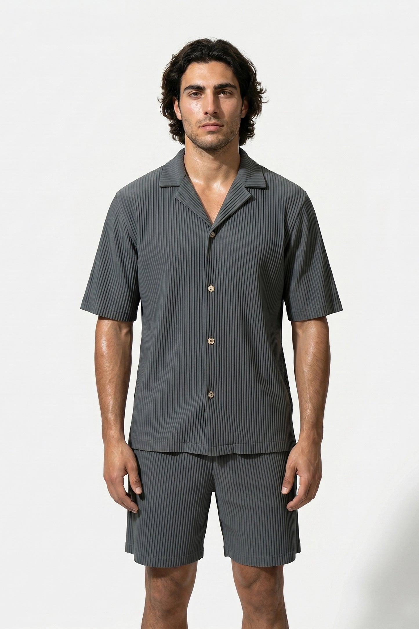 Men's Ribbed Knit Resort Shirt and Shorts set with Camp Collar
