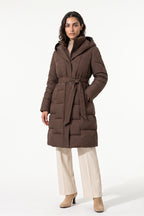 Women's Winter Warm Longline Puffer Coat with Hood and Waist Belt