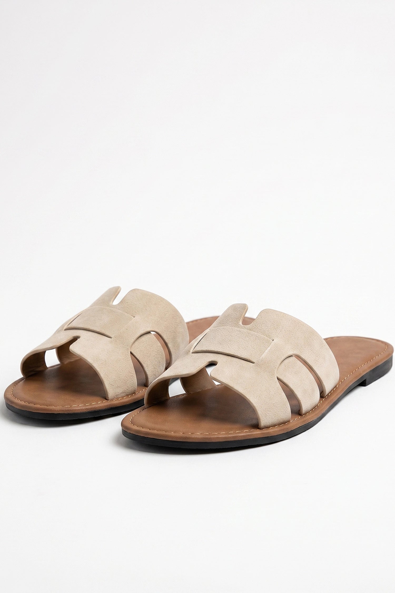 Women's H Strap Flat Sandals Taupe Slip On Summer Sandals