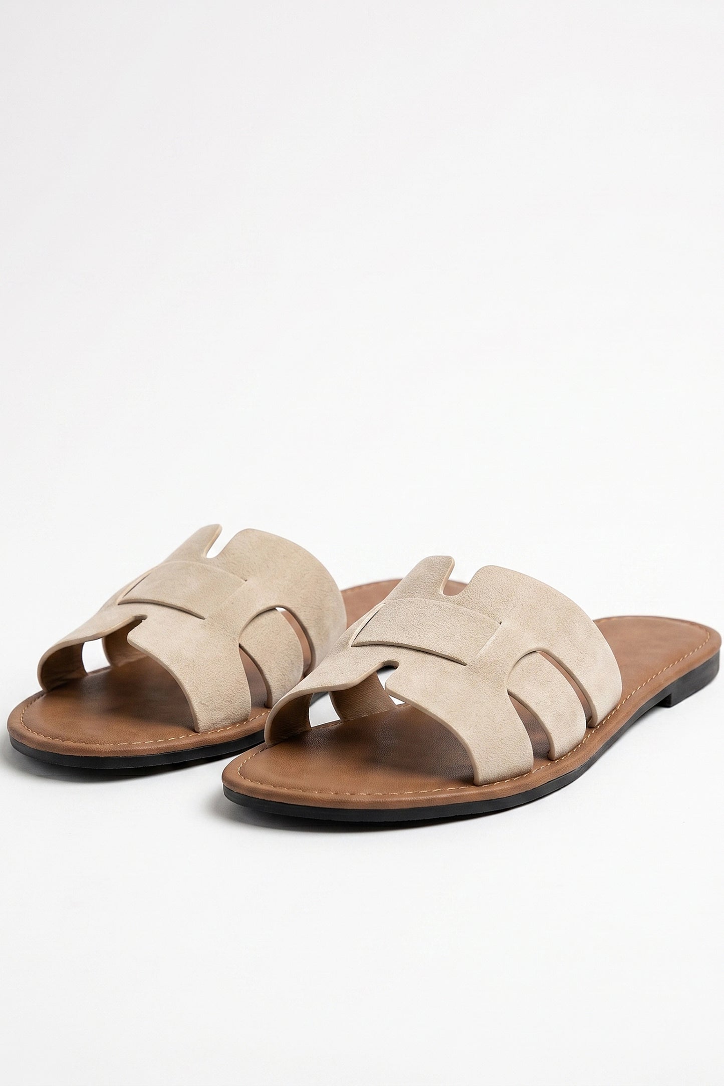 Women's H Strap Flat Sandals Taupe Slip On Summer Sandals