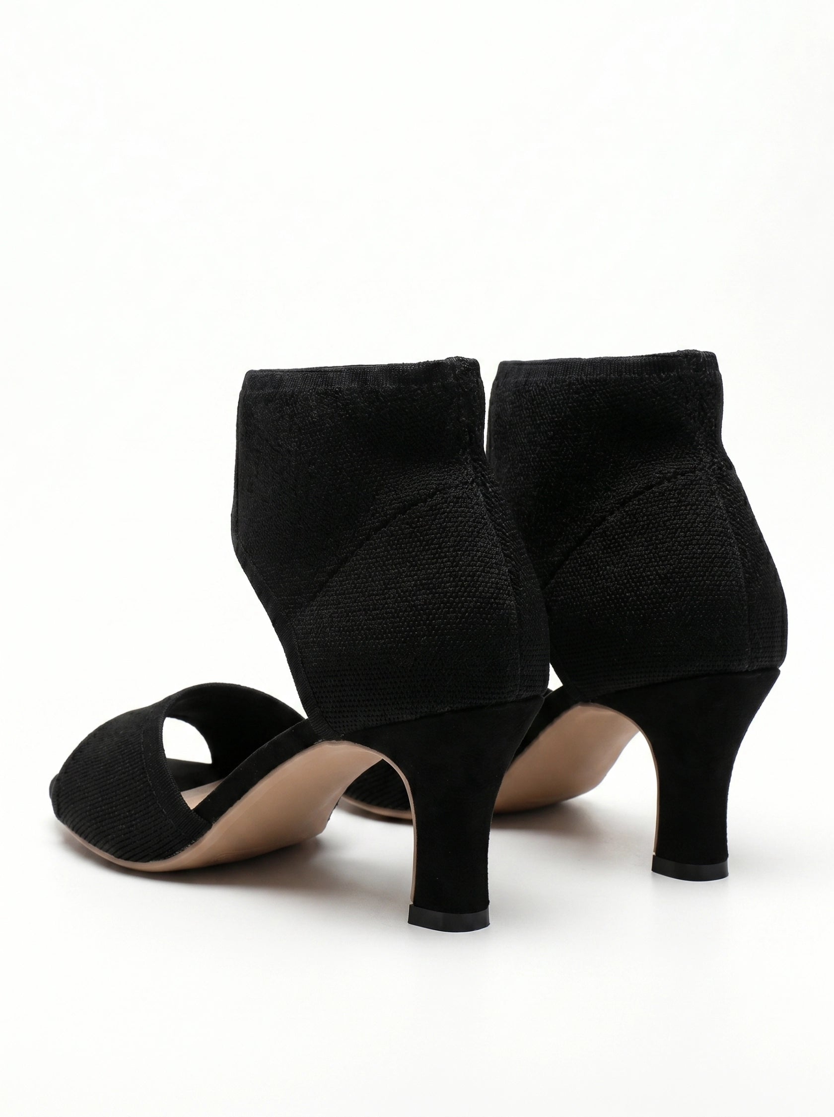 Wide Fit Knit Open Toe Slip On Mid Black Heels - Womens Comfort Party Shoes