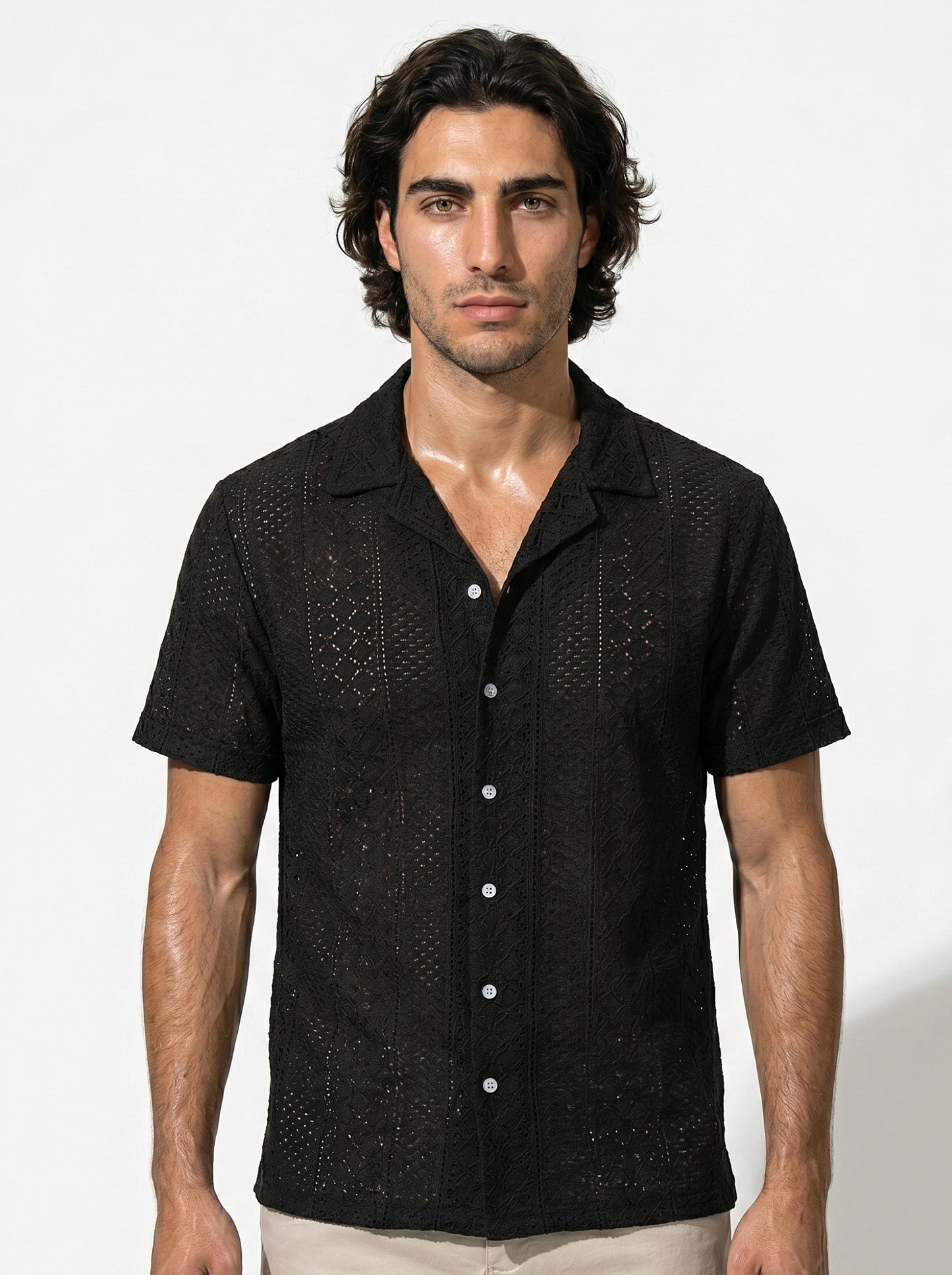 Caurelle | Men’s Jacquard Knit Cuban Collar Polo Shirt