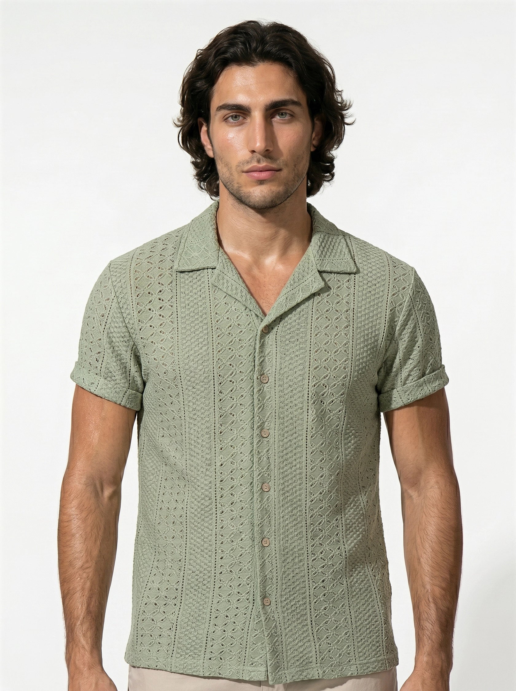 Caurelle | Men’s Jacquard Knit Cuban Collar Polo Shirt