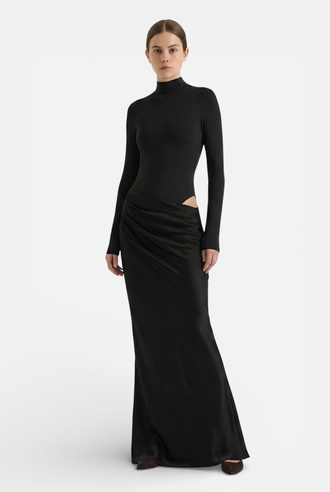 Caurelle | Women's Long Sleeves Maxi Dress - Satin Look and High Neck