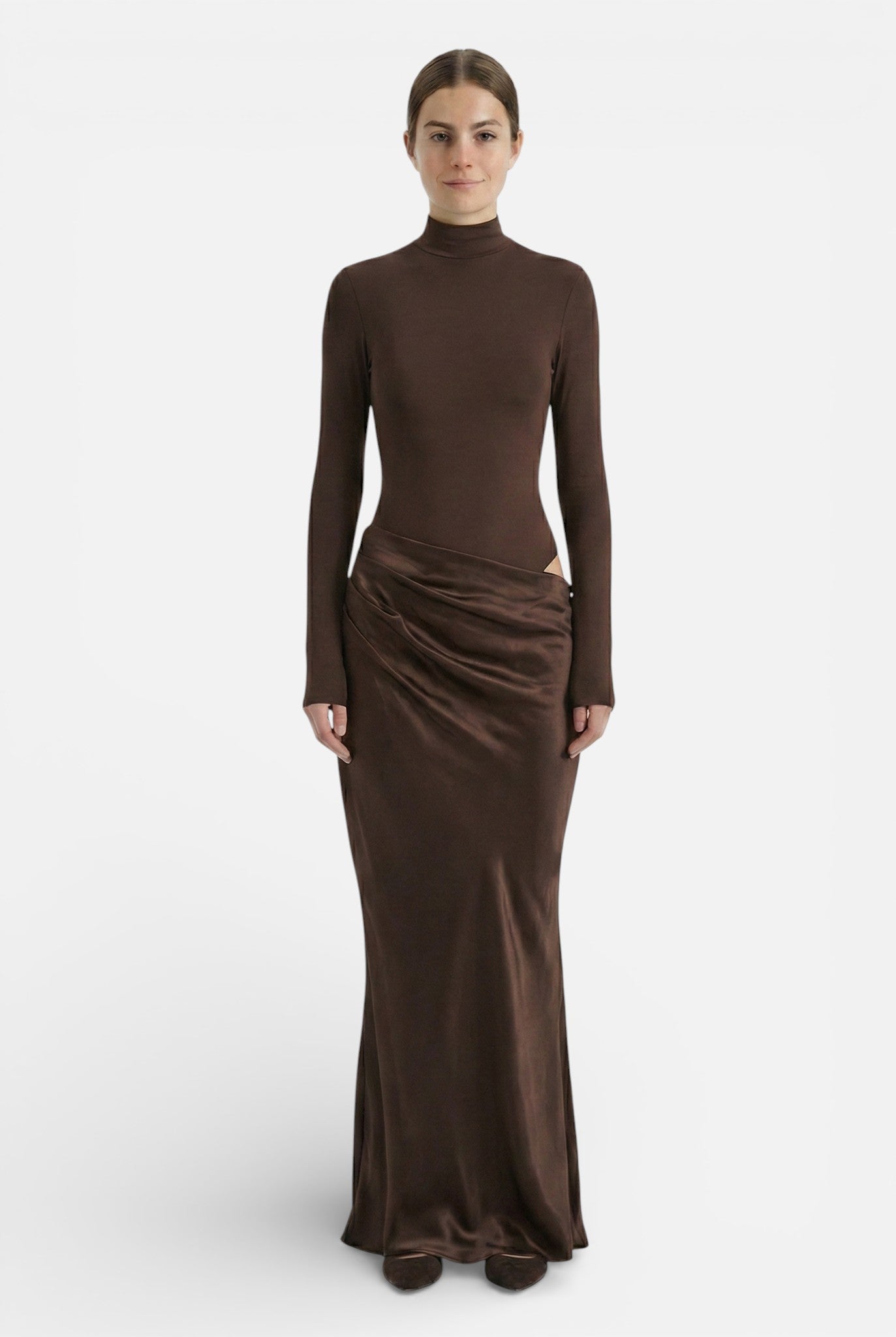 Caurelle | Women's Long Sleeves Maxi Dress - Satin Look and High Neck