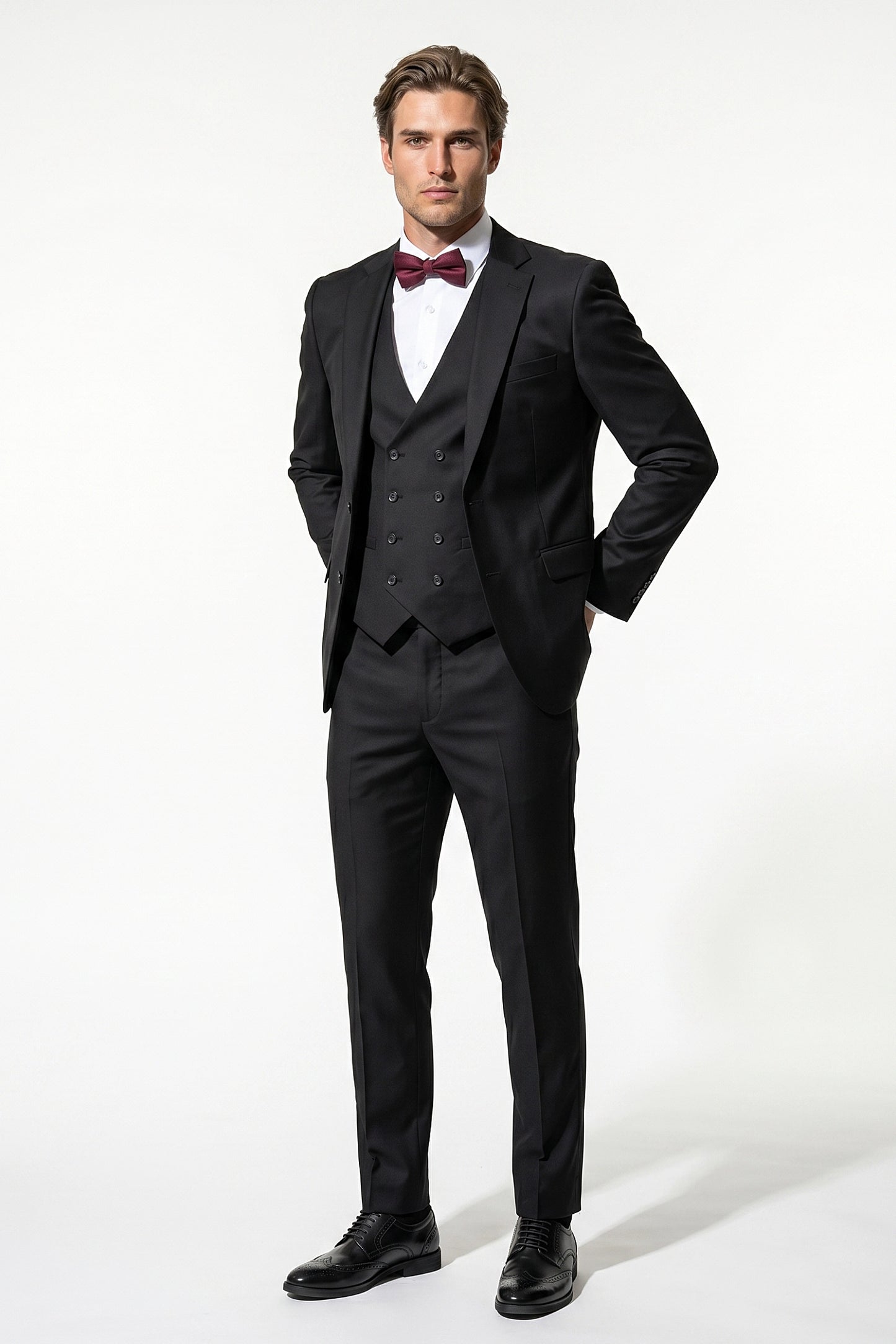 Men's Black Slim Fit Three Piece Suit with Double-Breasted Waistcoat