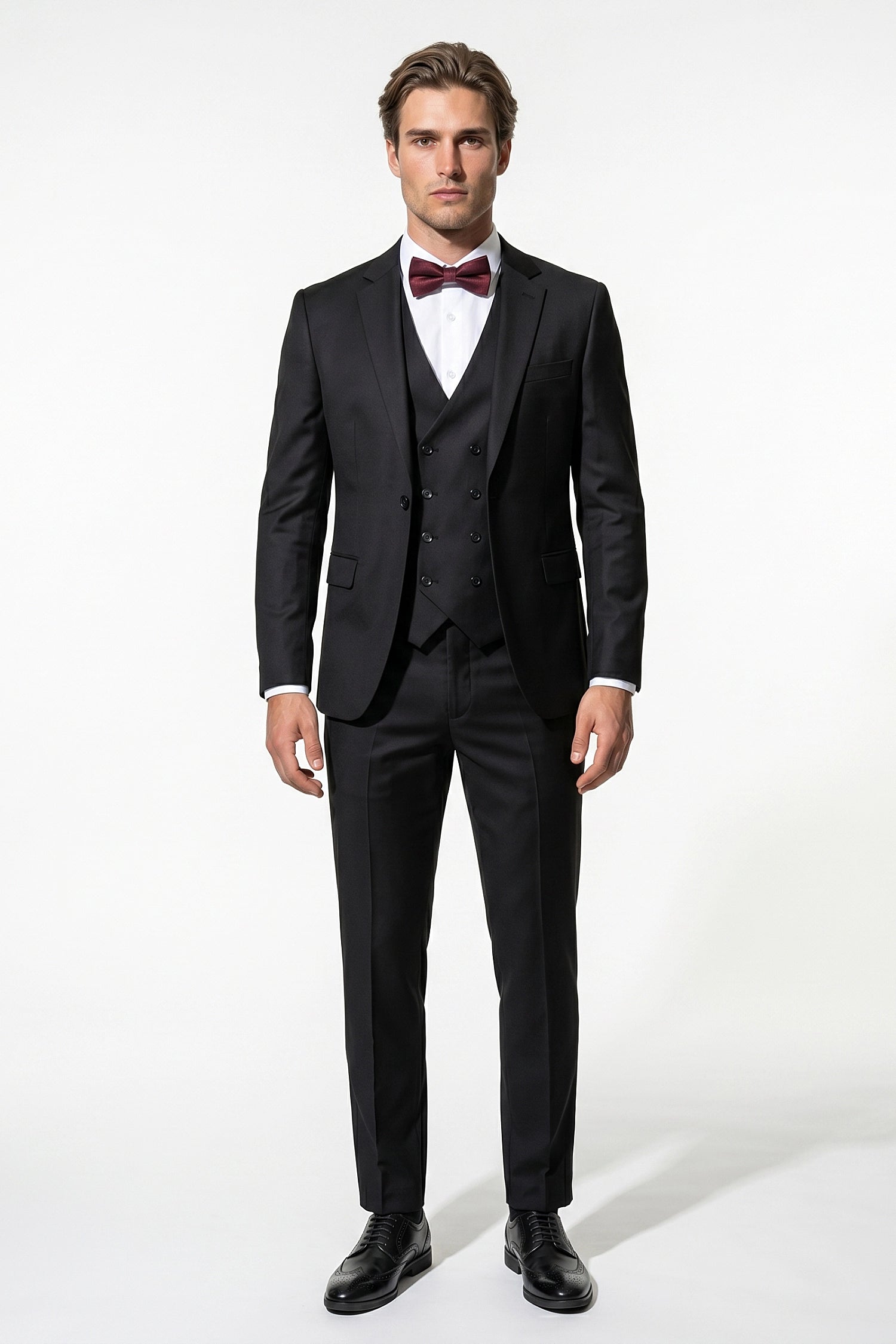 Men's Black Slim Fit Three Piece Suit with Double-Breasted Waistcoat