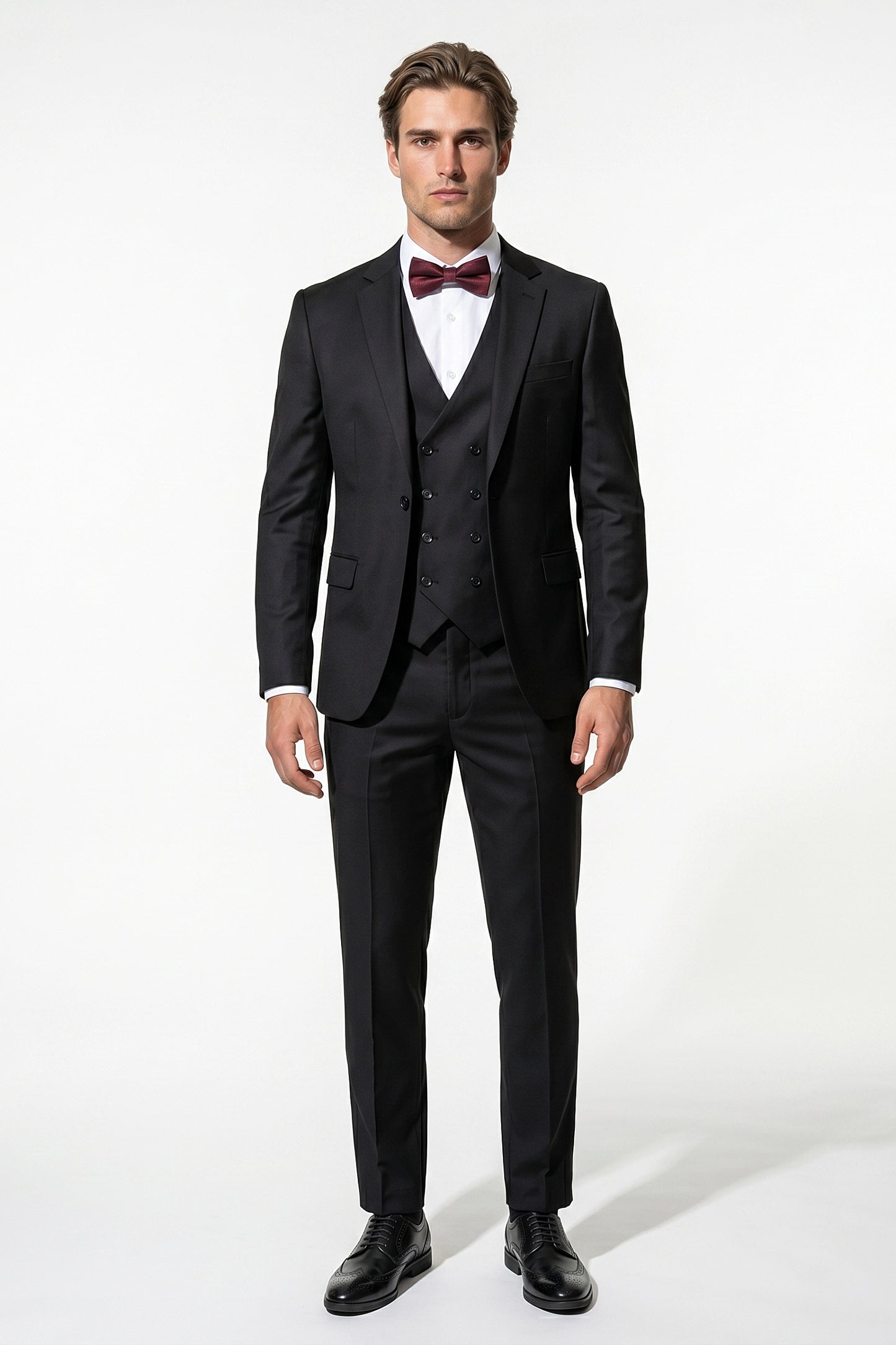 Men's Black Slim Fit Three Piece Suit with Double-Breasted Waistcoat