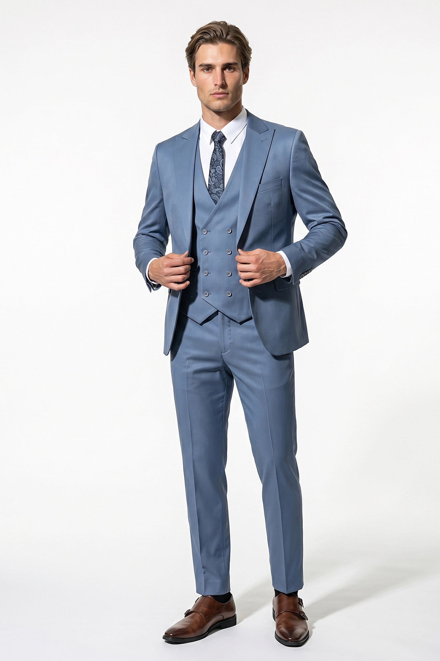 Men's Black Slim Fit Three Piece Suit with Double-Breasted Waistcoat