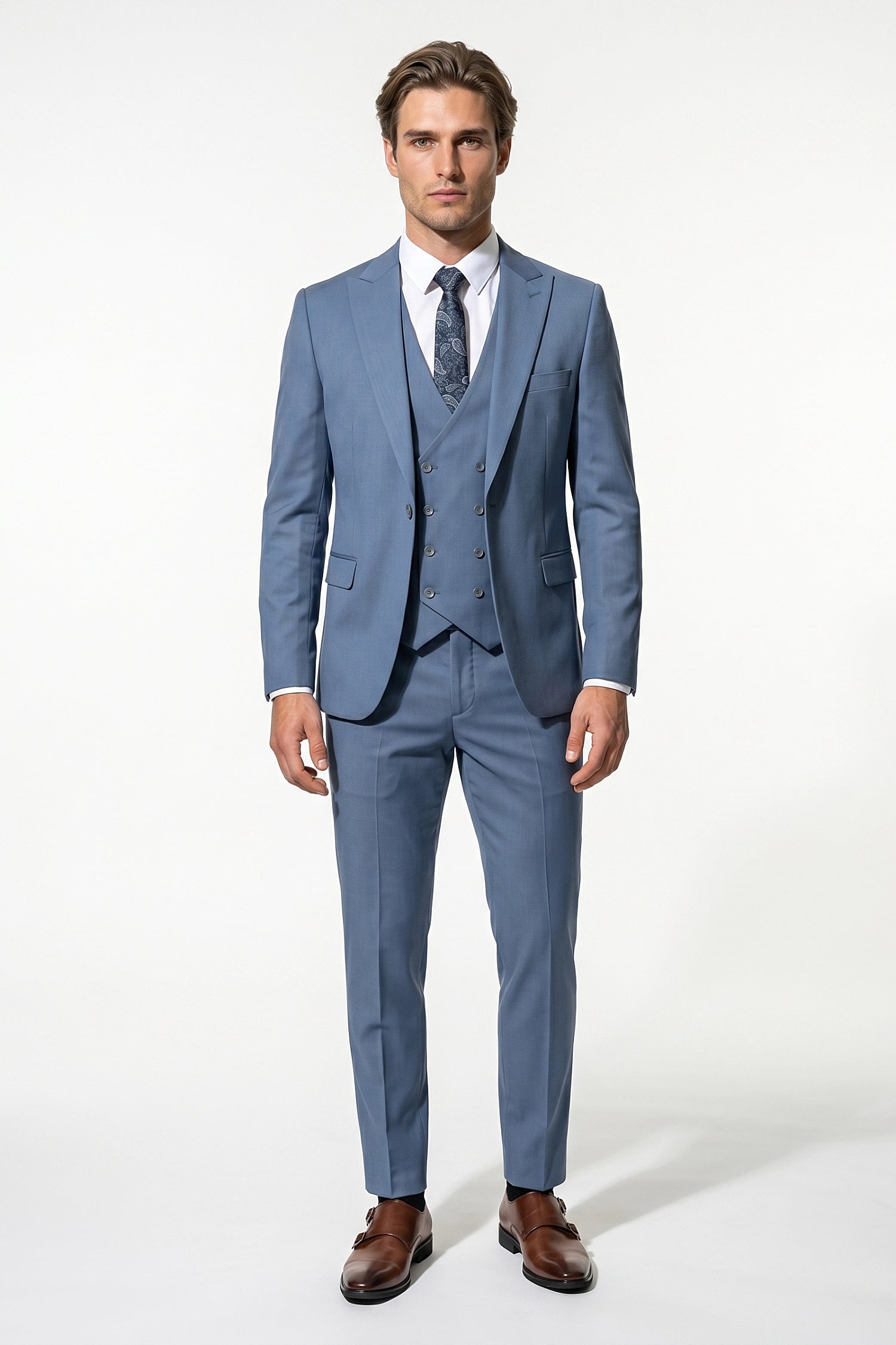Men's Black Slim Fit Three Piece Suit with Double-Breasted Waistcoat