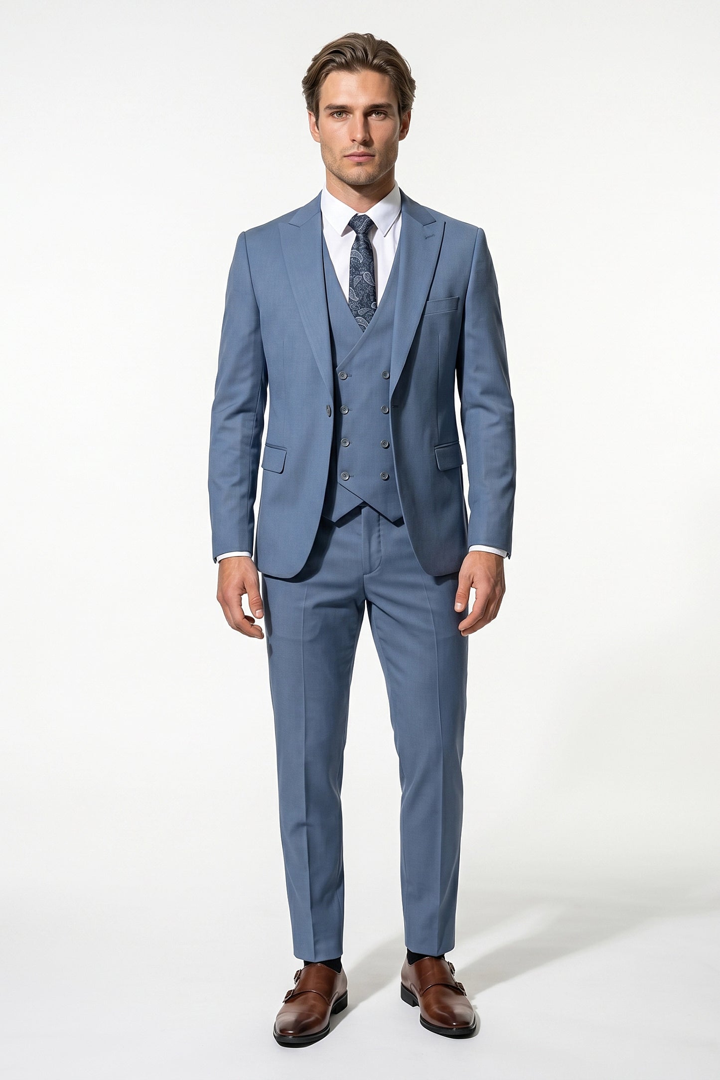 Men's Black Slim Fit Three Piece Suit with Double-Breasted Waistcoat