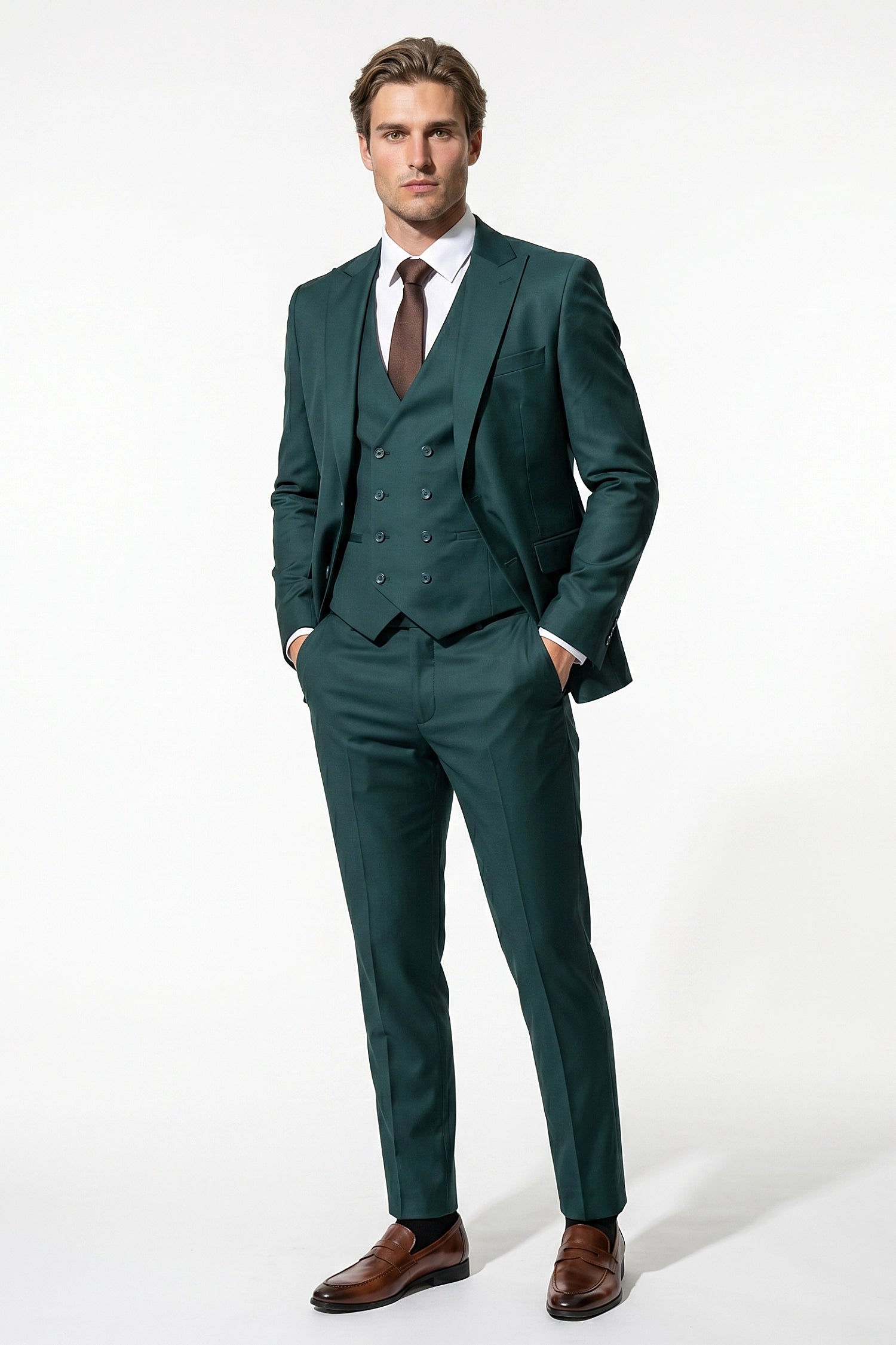 Men's Black Slim Fit Three Piece Suit with Double-Breasted Waistcoat