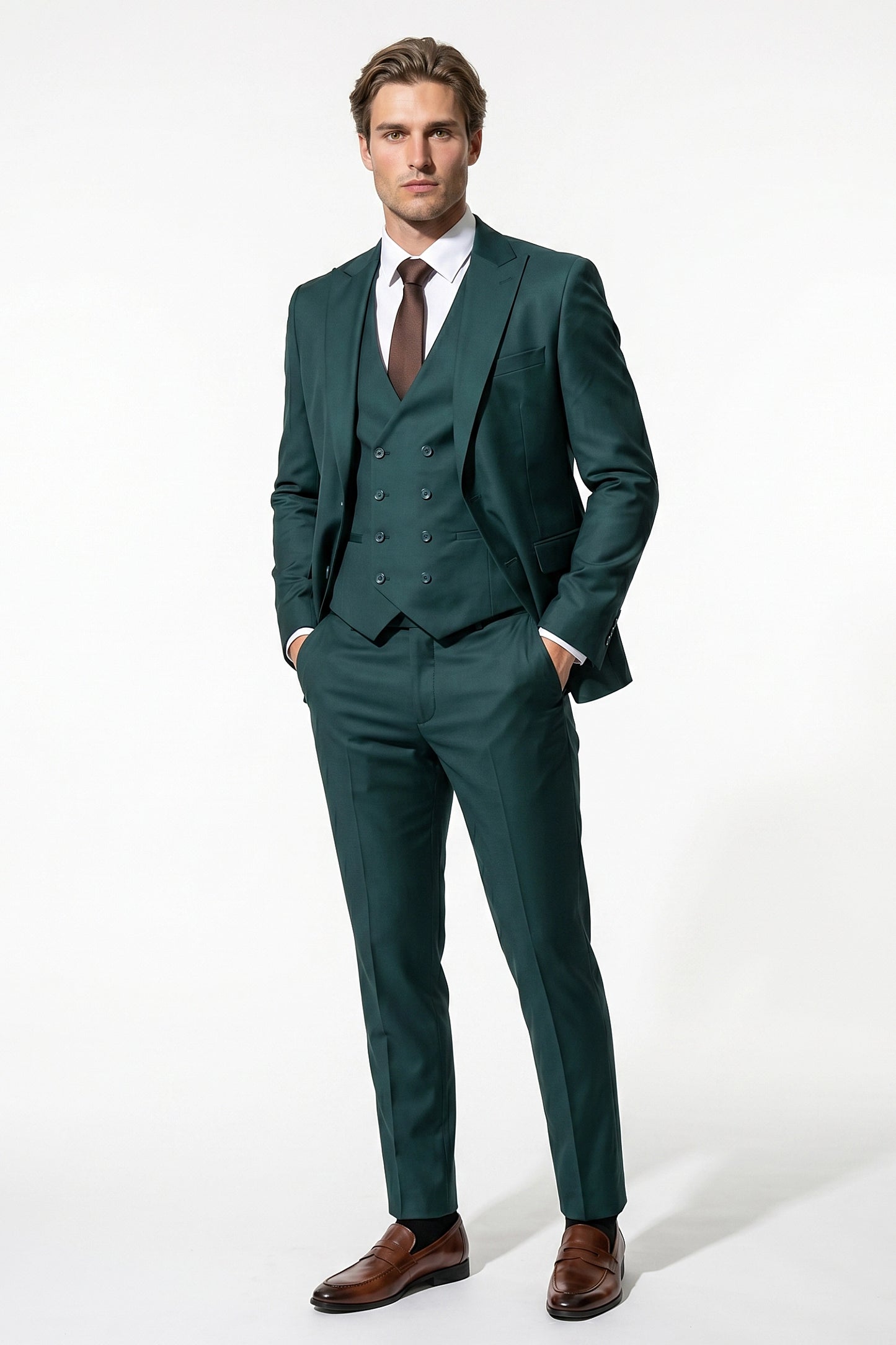 Men's Black Slim Fit Three Piece Suit with Double-Breasted Waistcoat