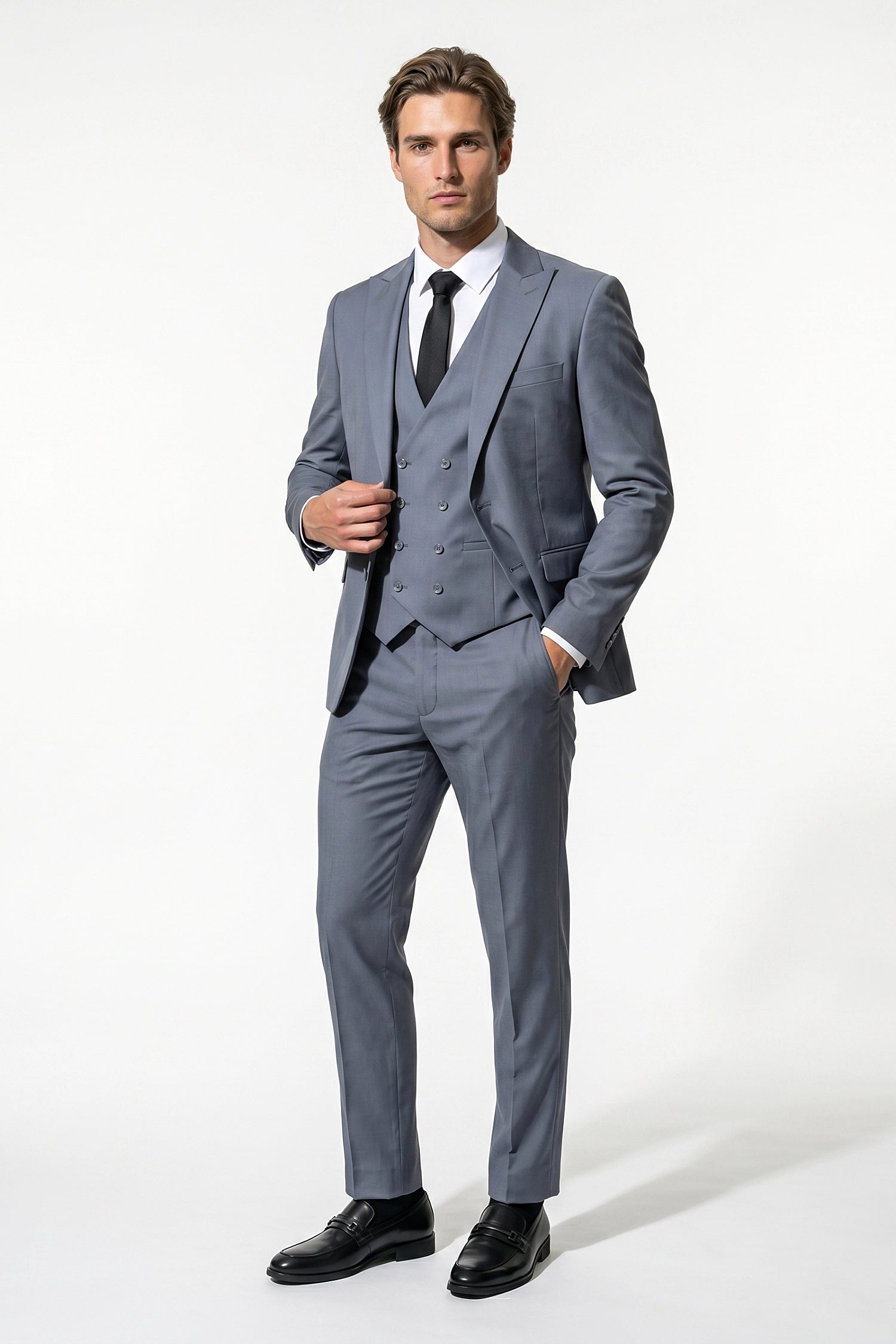 Men's Black Slim Fit Three Piece Suit with Double-Breasted Waistcoat