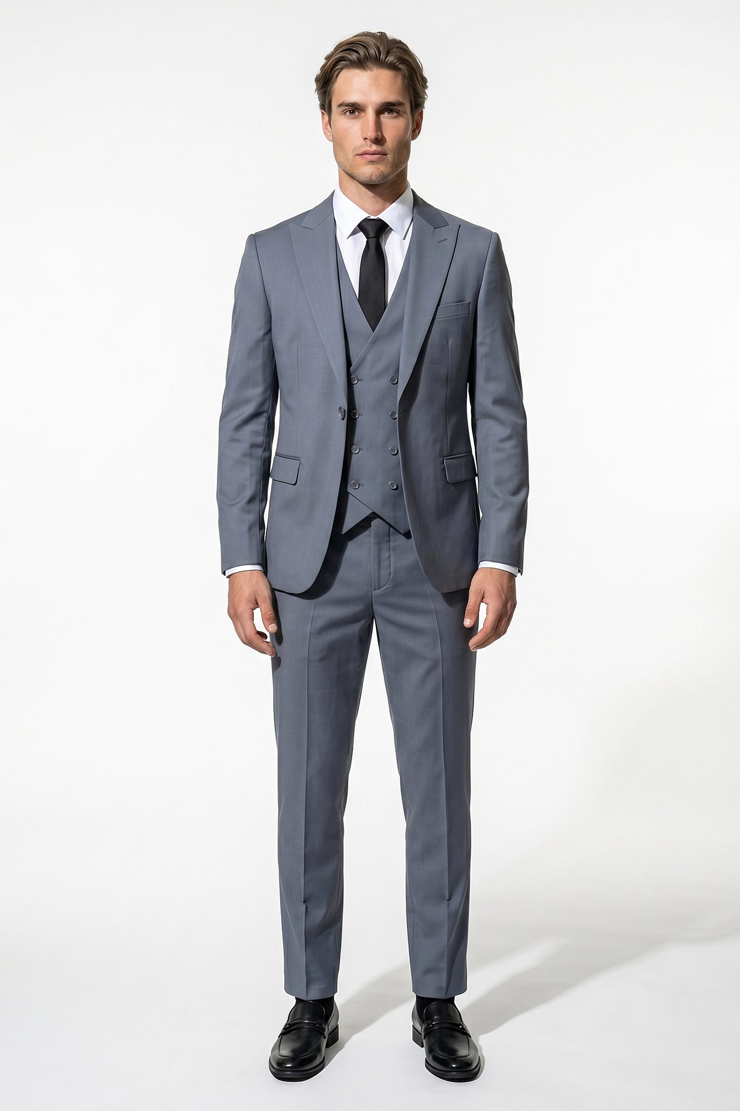 Men's Black Slim Fit Three Piece Suit with Double-Breasted Waistcoat