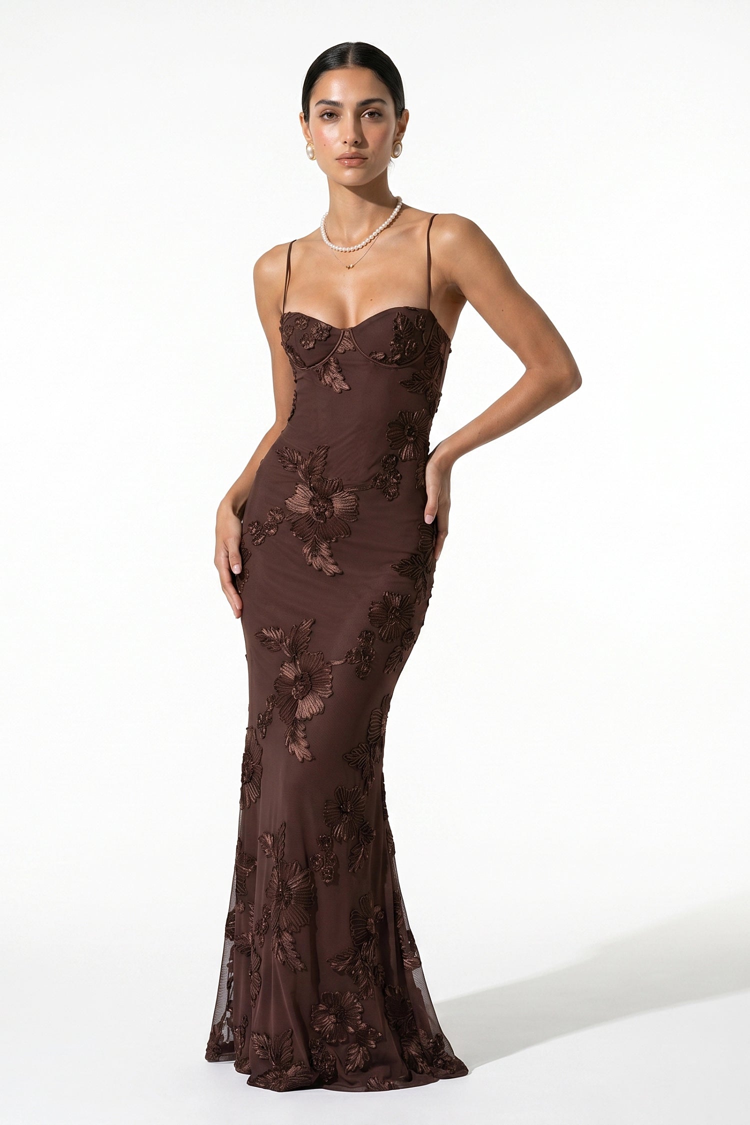 Caurelle | Women’s Formal Maxi Dress Gown with Floral Ribbon Appliques