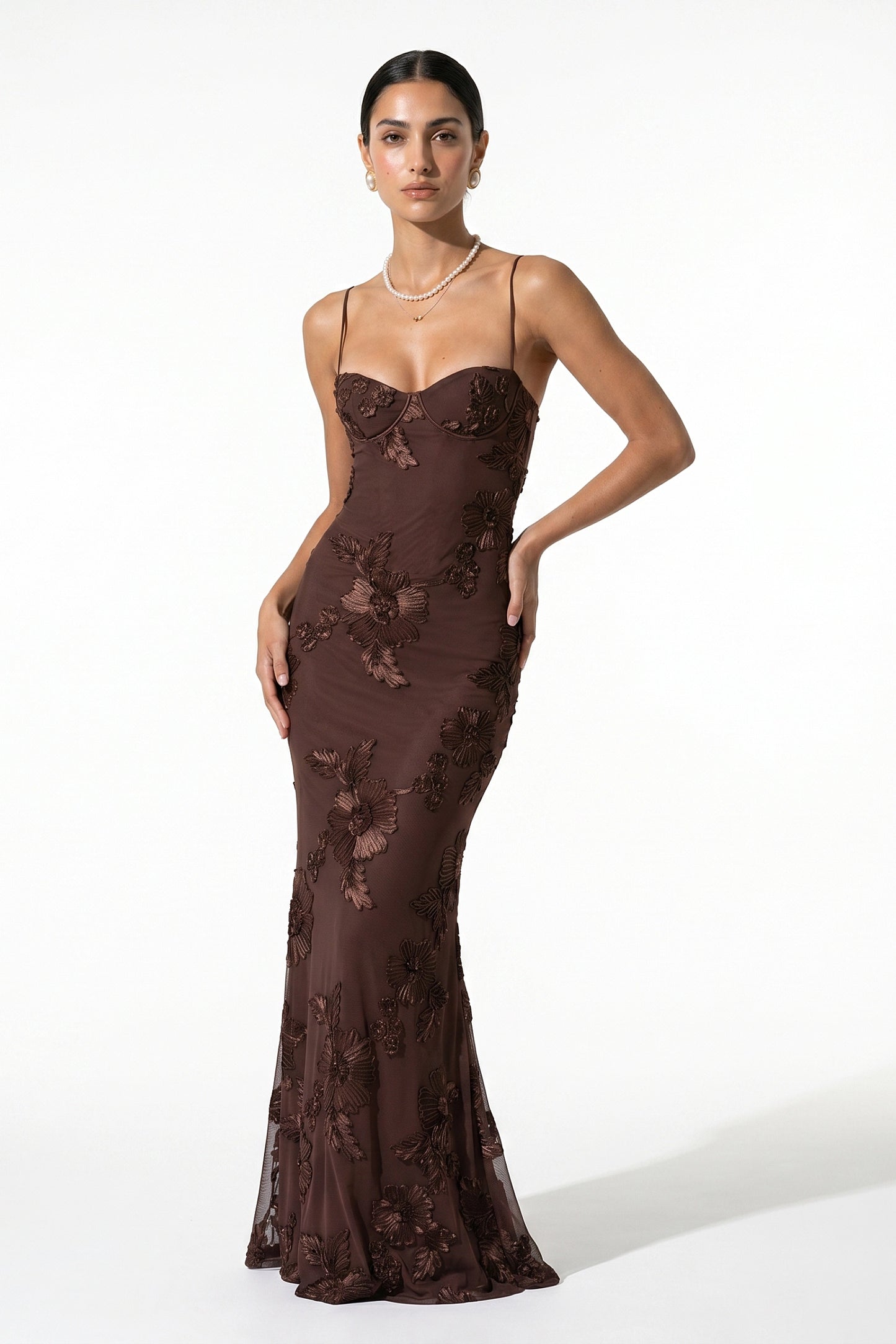 Caurelle | Women’s Formal Maxi Dress Gown with Floral Ribbon Appliques