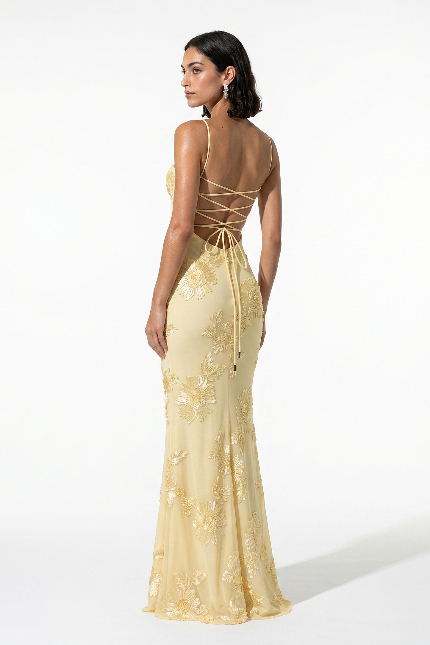 Caurelle | Women’s Formal Maxi Dress Gown with Floral Ribbon Appliques