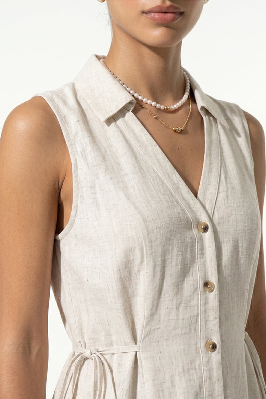 Women's Linen Blend Collared Sleeveless Midi Dress Button Front Tie Waist