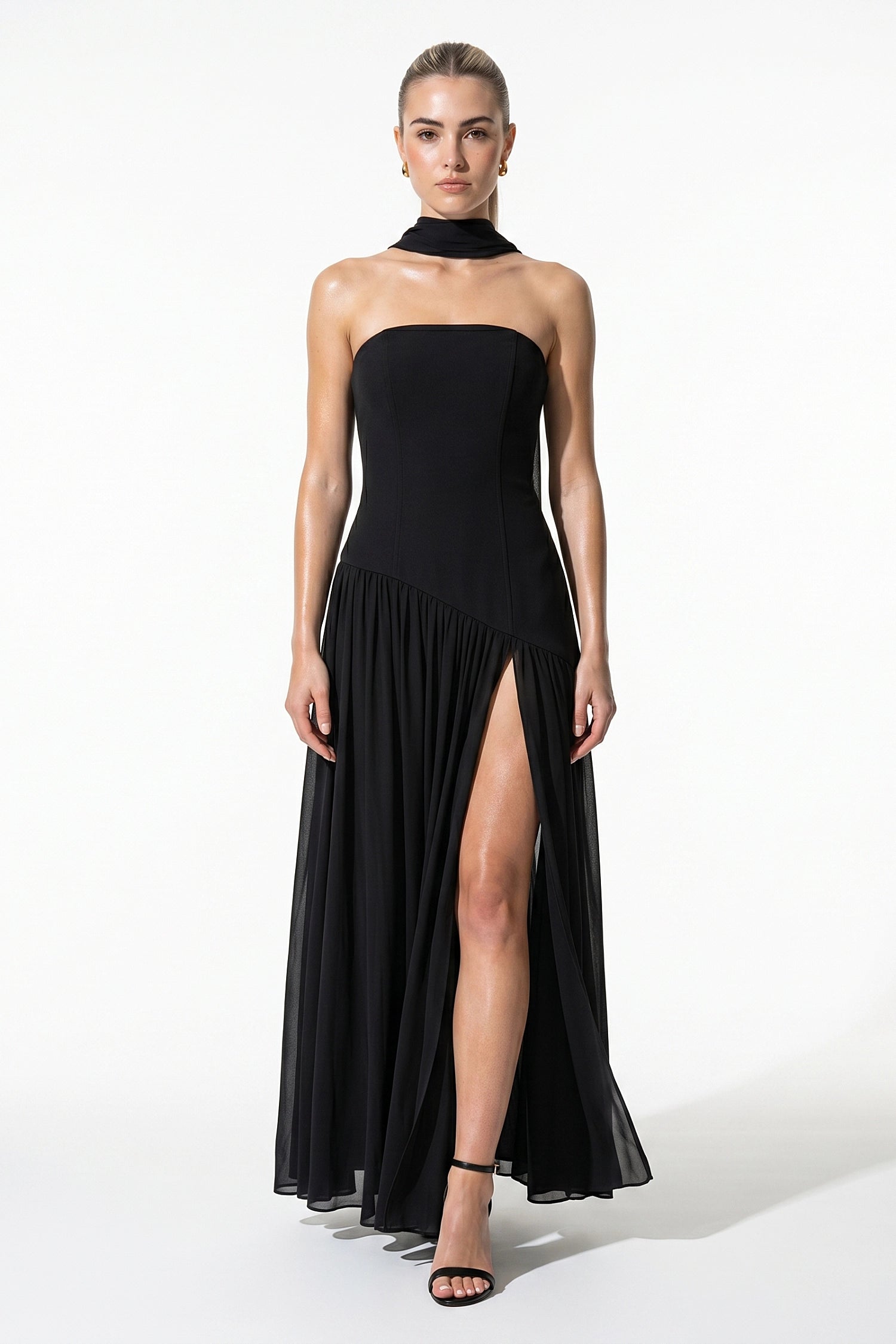 Caurelle | Women’s Strapless Maxi Dress Draped Scarf Elegance