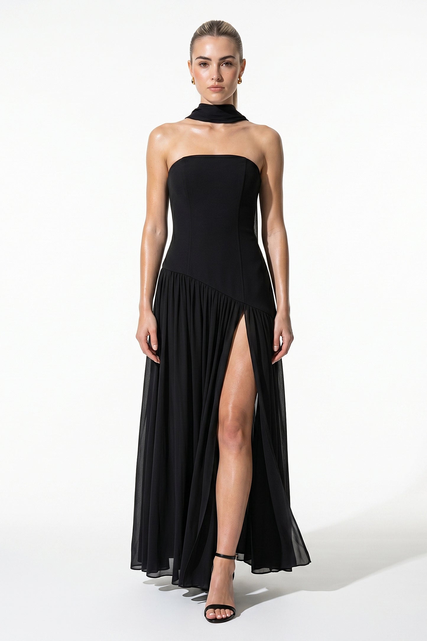 Caurelle | Women’s Strapless Maxi Dress Draped Scarf Elegance