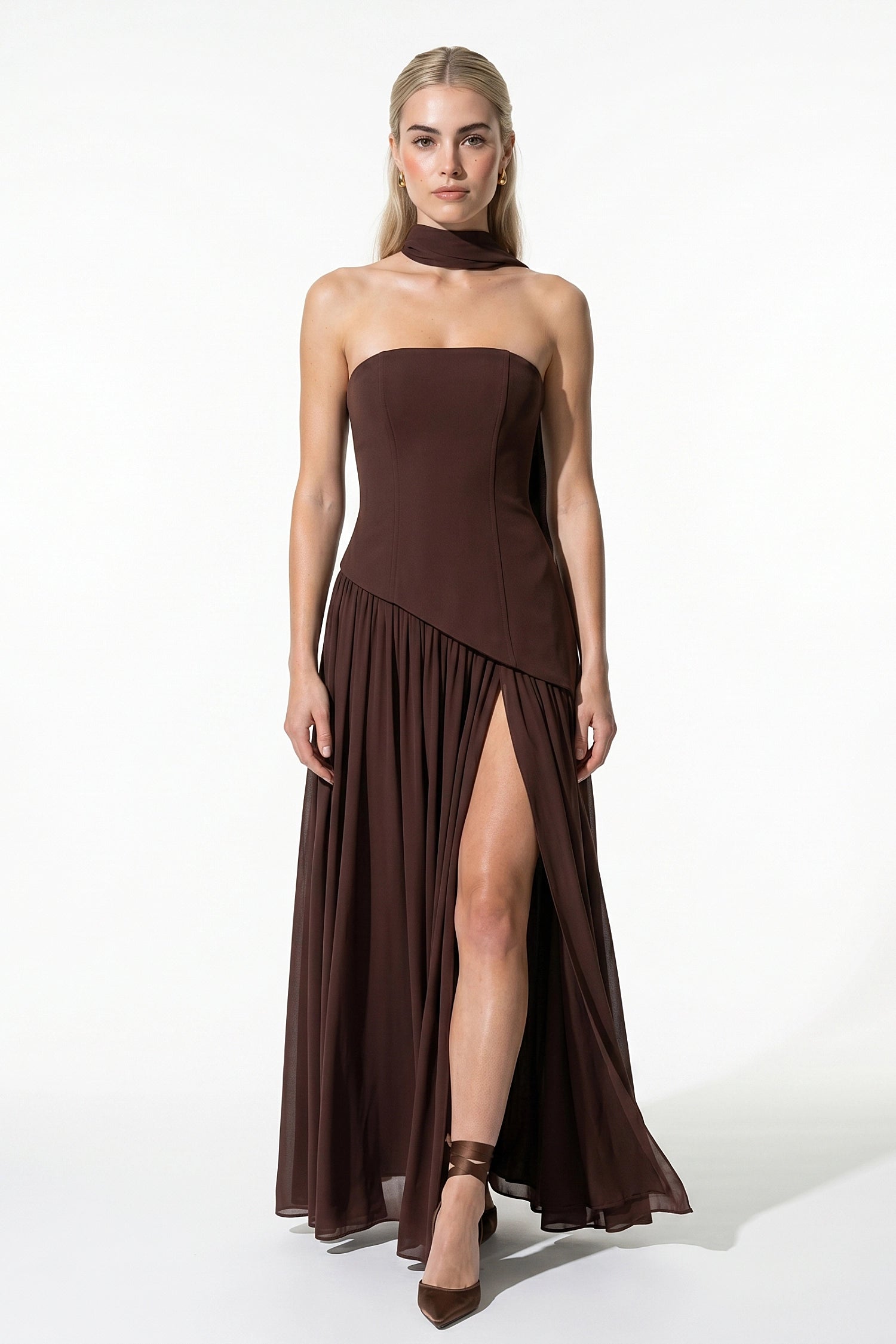 Caurelle | Women’s Strapless Maxi Dress Draped Scarf Elegance