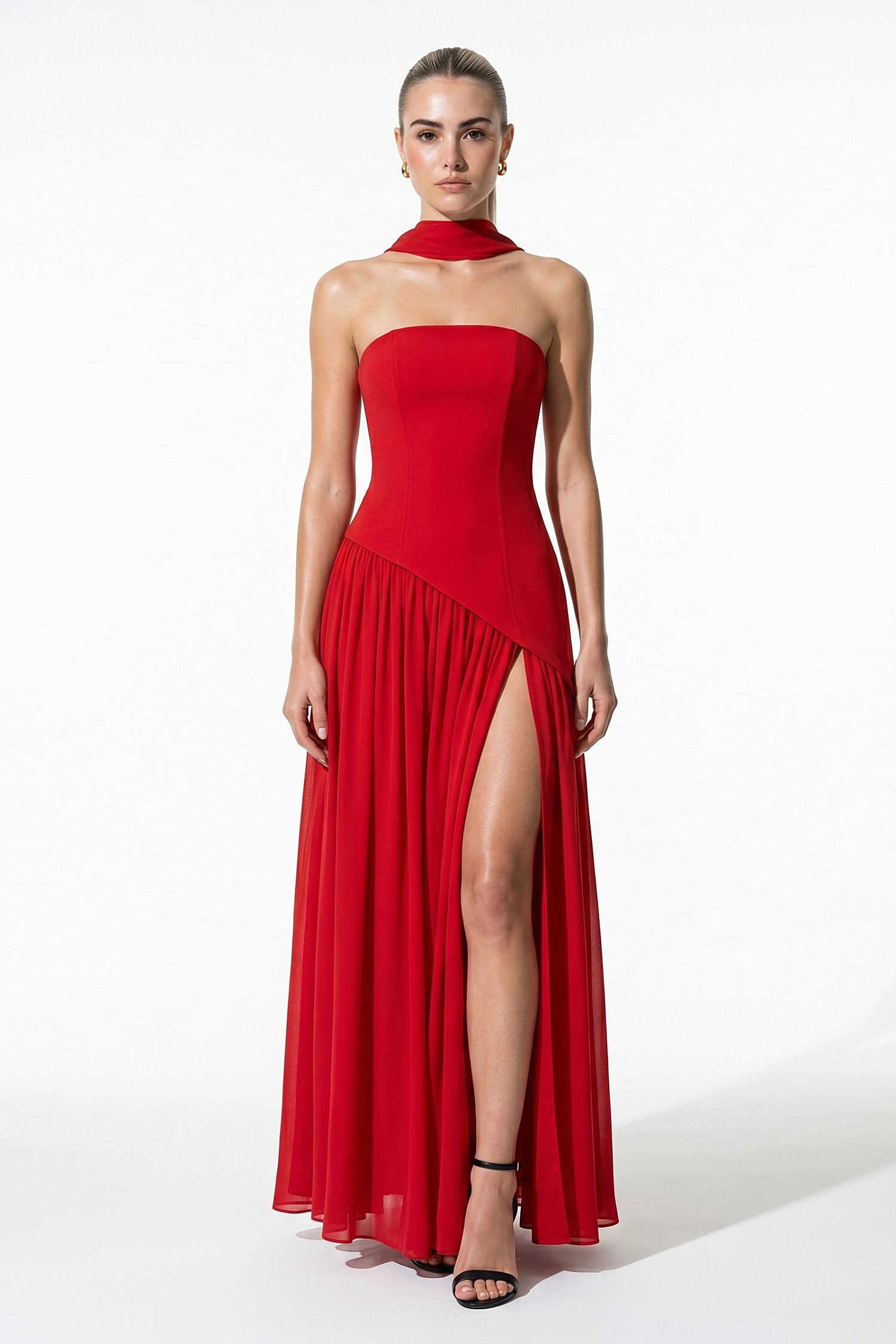 Caurelle | Women’s Strapless Maxi Dress Draped Scarf Elegance